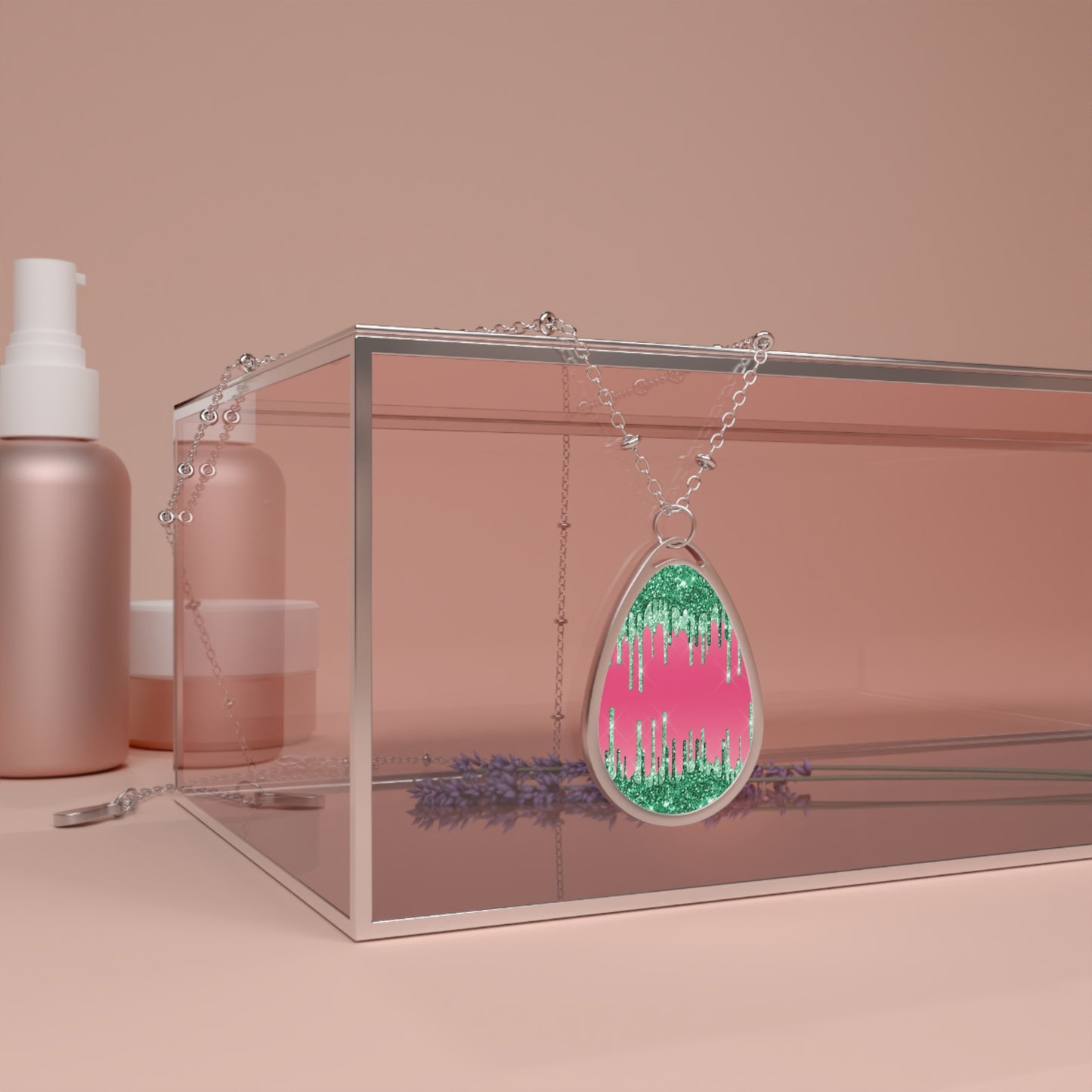 Pink and Green Glitter Drips Oval Necklace