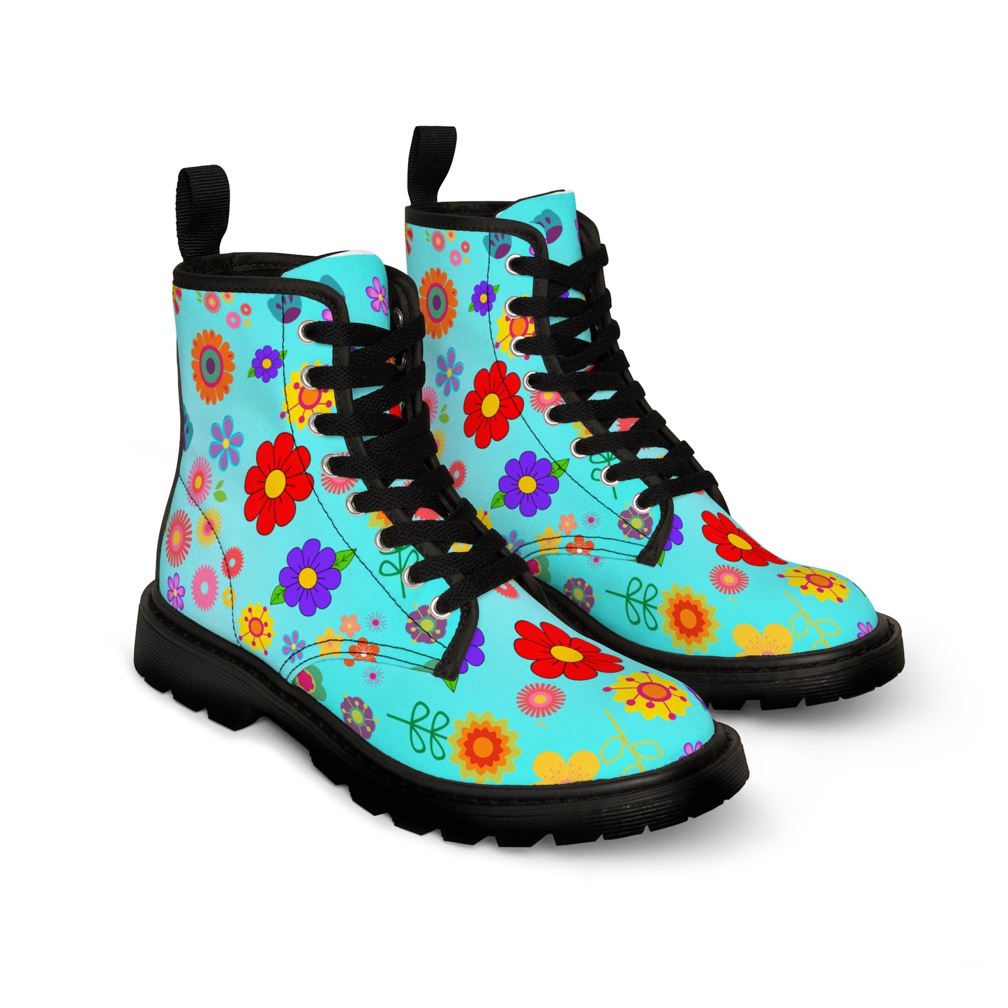 Women's Canvas Boots, Retro, Multi-color, Aqua, Flowers, Multi-Color, Blue