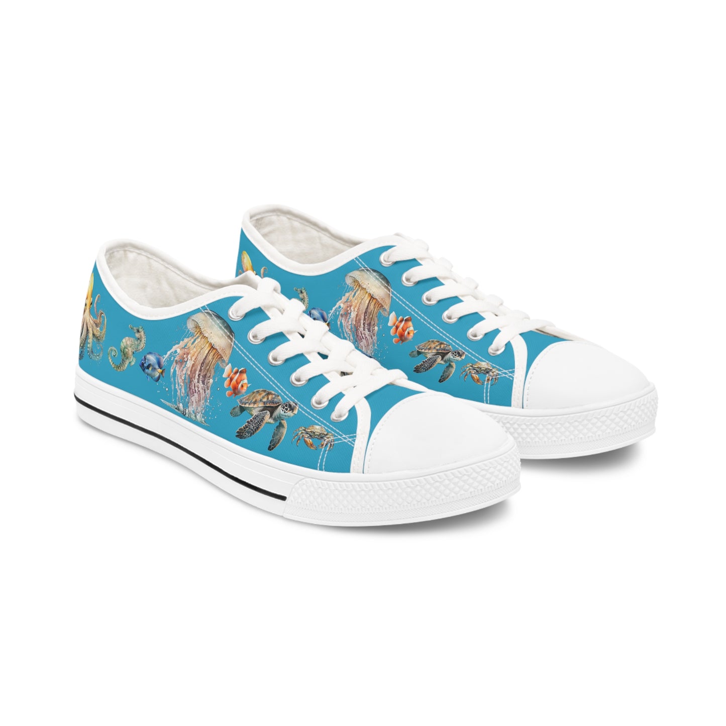 Womens Low Top Sneakers, Sea creatures sneakers, octopus shoe, seahorse canvas shoe, jellyfish, crab, fish