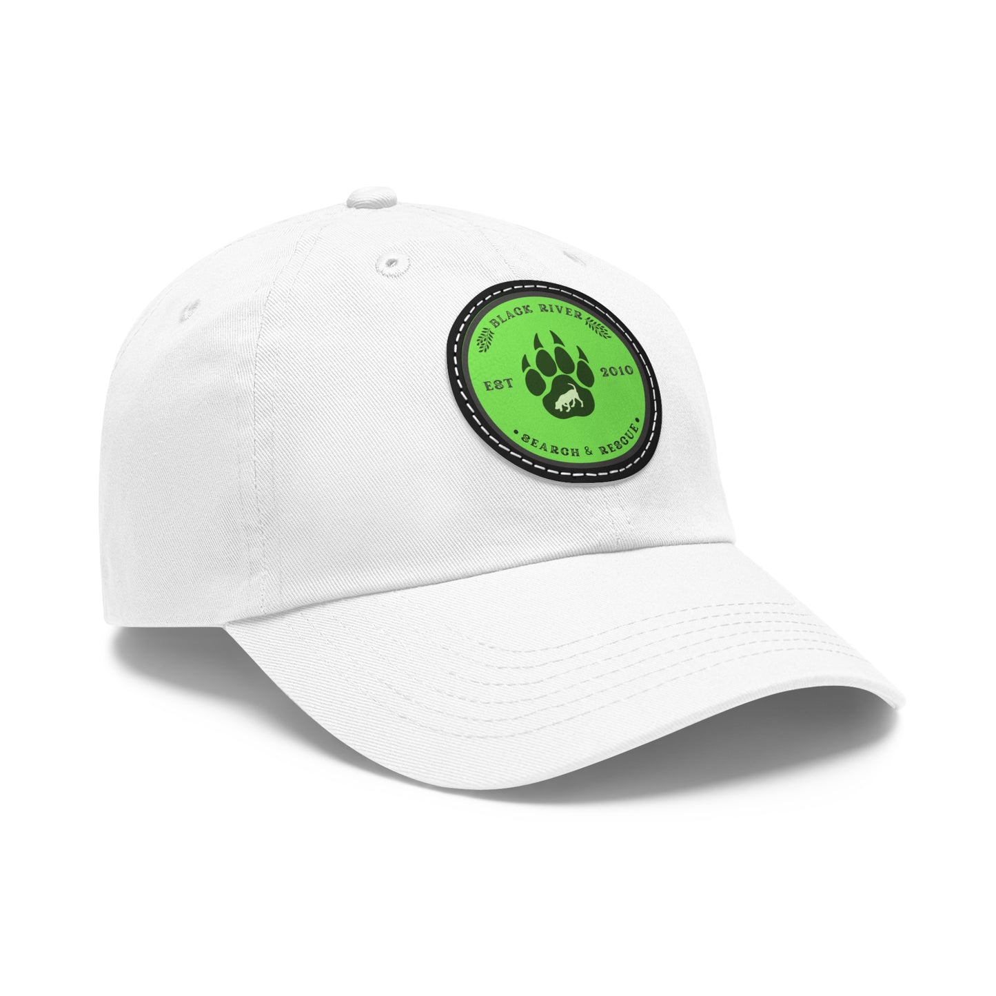 Unisex Hat with Leather Patch (Round), Black River Search & Rescue Logo, Lime Green patch