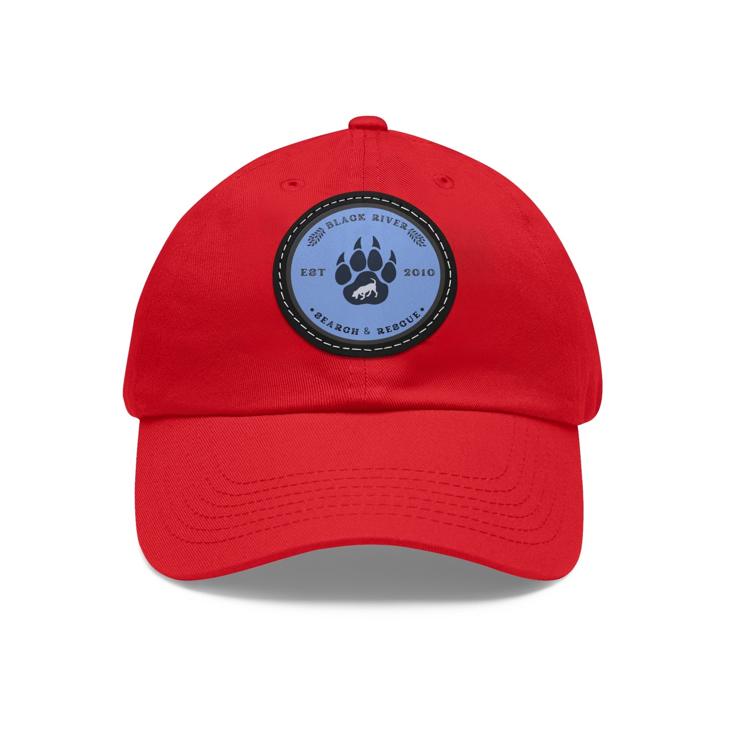 Copy of Unisex Hat with Leather Patch (Round), Black River Search & Rescue Logo, Vintage Blue patch