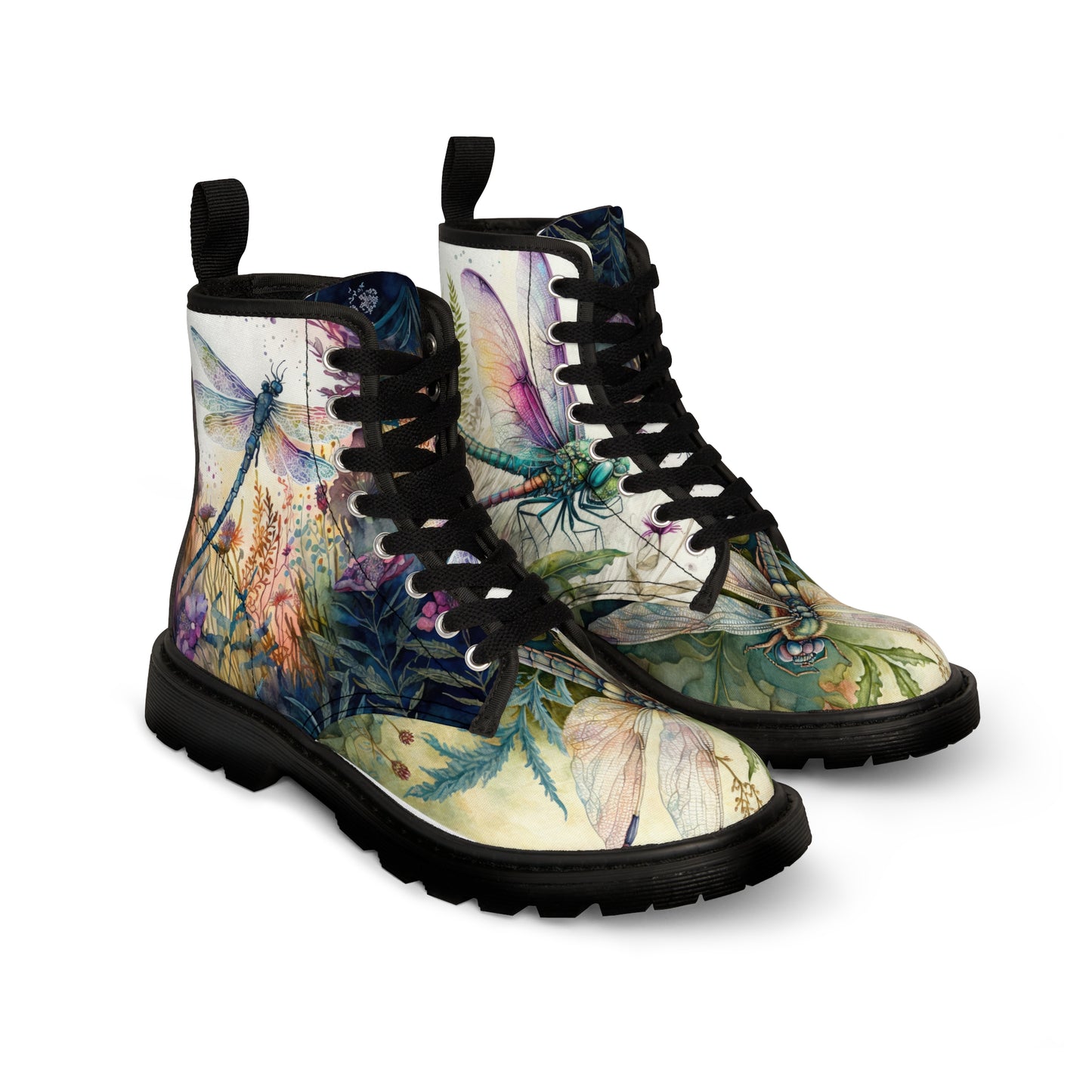 Women's Canvas Boots, Watercolor, Dragonflies, Green, Flowers