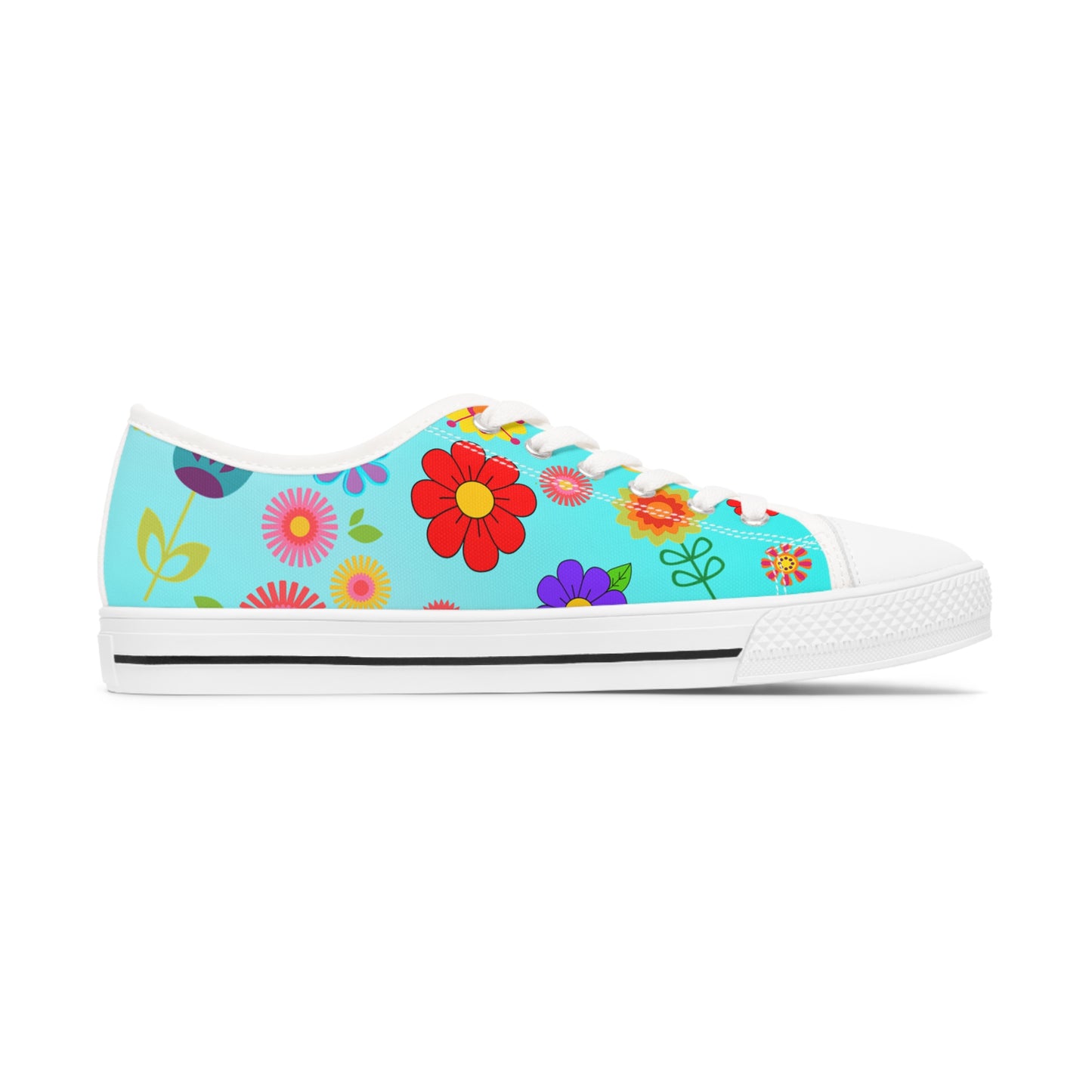 Women's Low Top Sneakers, Retro Flowers, Aqua, Multi-color flowers