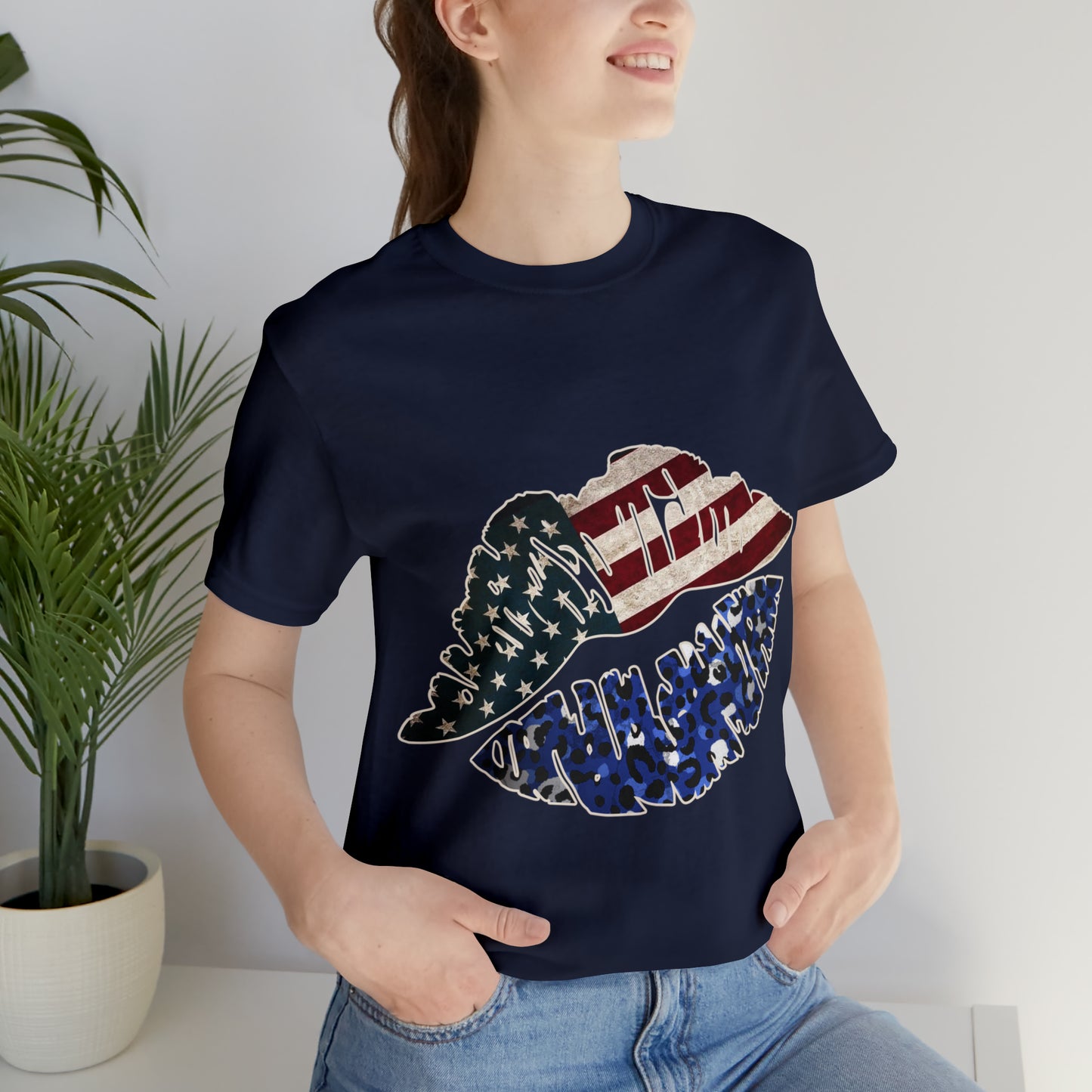 American Flag Lips 4th of July Unisex Jersey Short Sleeve Tee Patriotic Retro