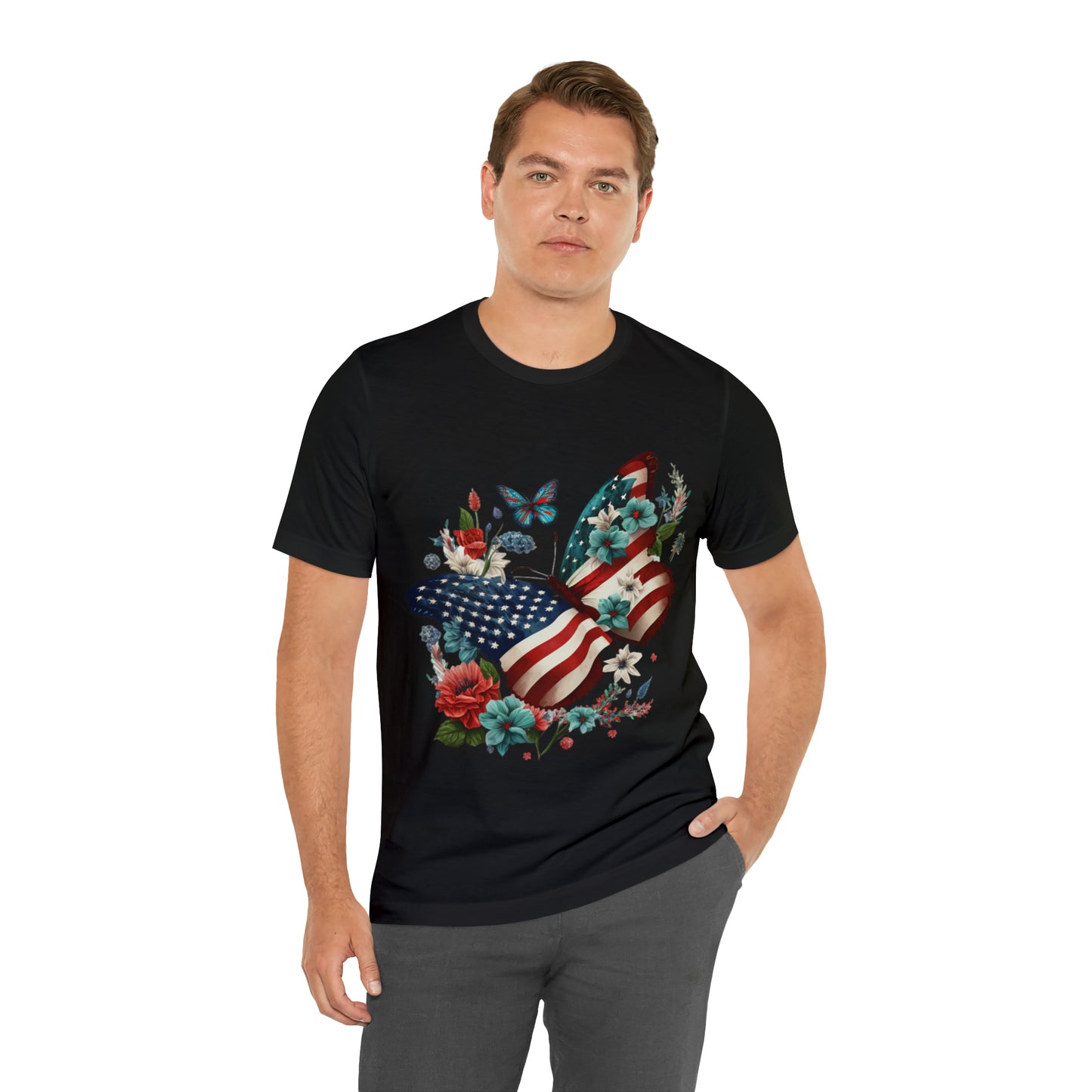 Unisex Jersey Short Sleeve Tee, American Flag, Butterfly, Patriotic