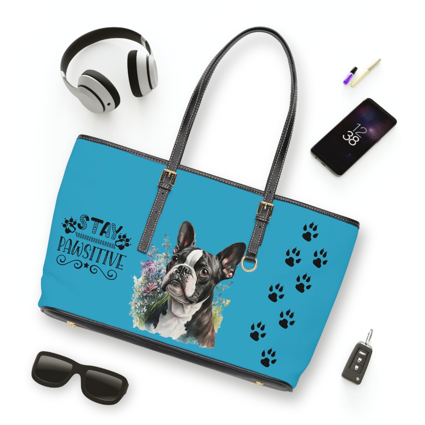 Boston Terrier Leather Shoulder Bag Turquoise Boston Puppy with glasses You had me at woof stay positive