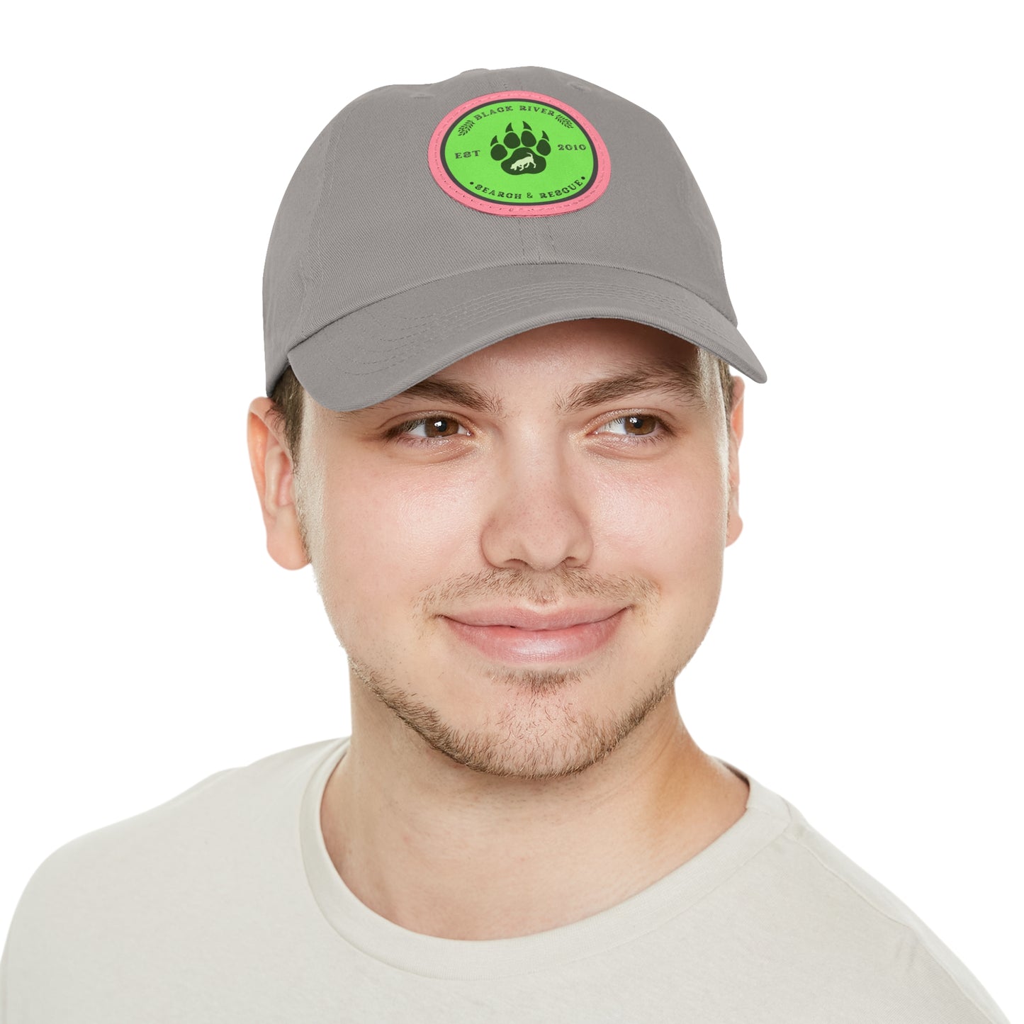 Unisex Hat with Leather Patch (Round), Black River Search & Rescue Logo, Lime Green patch