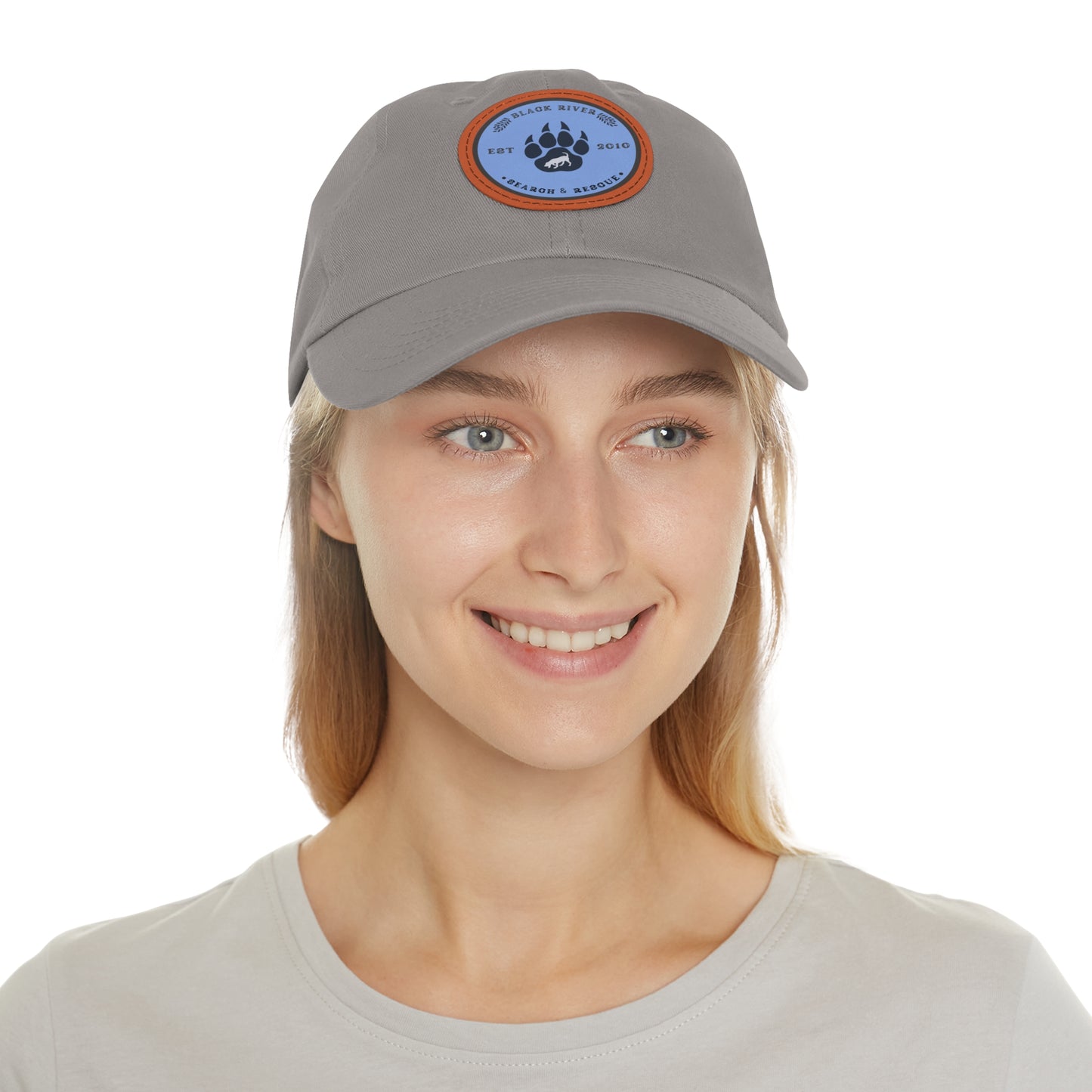 Copy of Unisex Hat with Leather Patch (Round), Black River Search & Rescue Logo, Vintage Blue patch