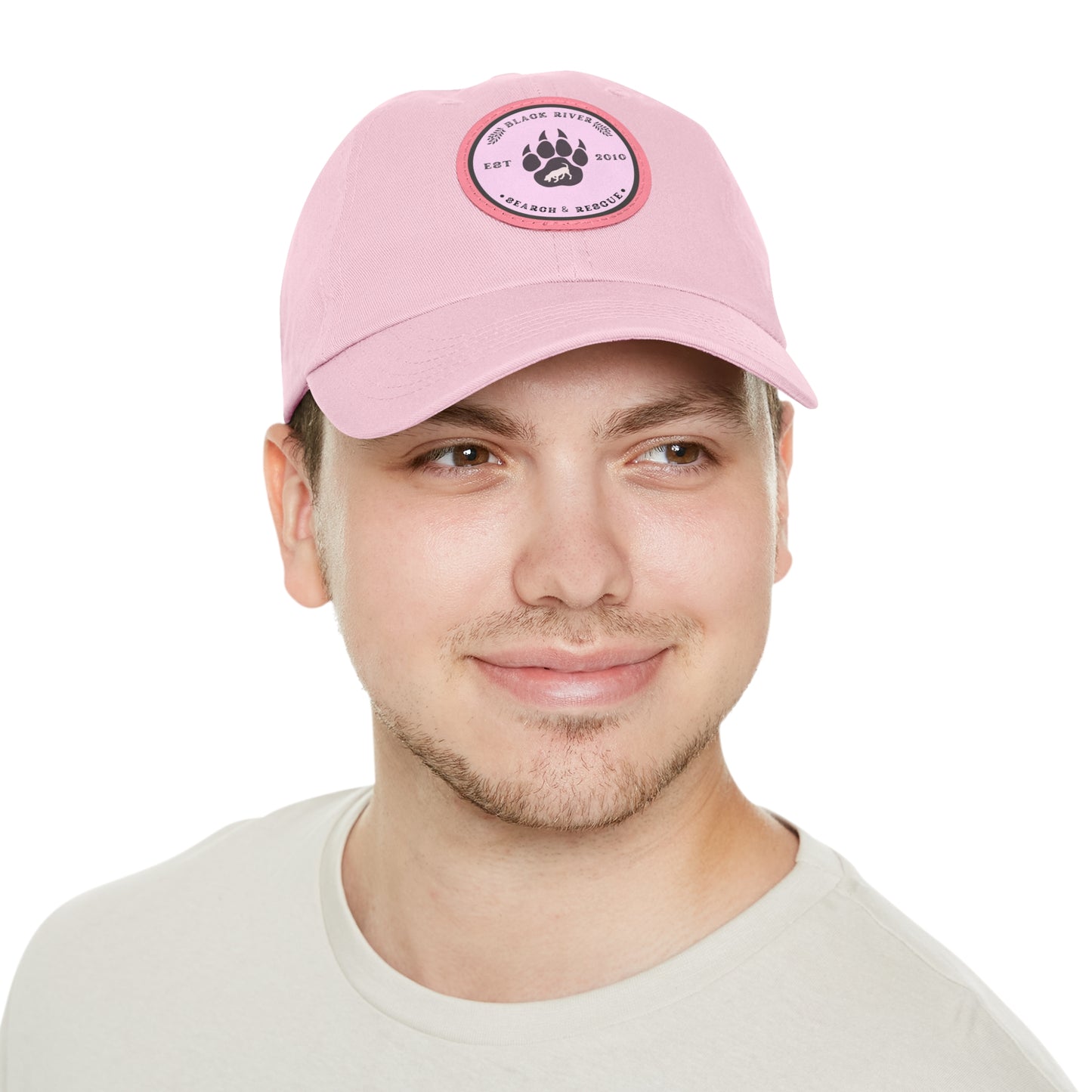 Copy of Unisex Hat with Leather Patch (Round), Black River Search & Rescue Logo, Pink patch