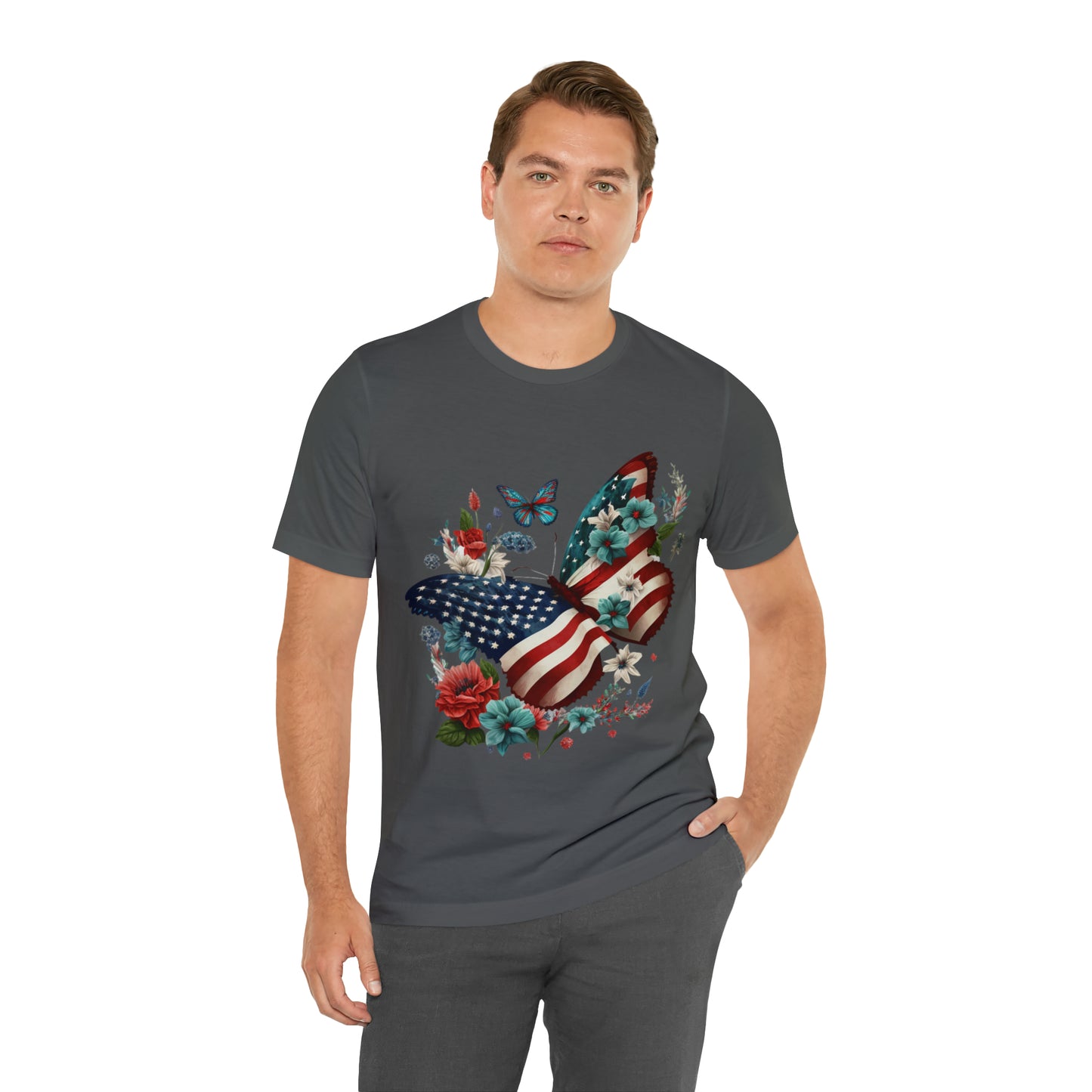 Unisex Jersey Short Sleeve Tee, American Flag, Butterfly, Patriotic