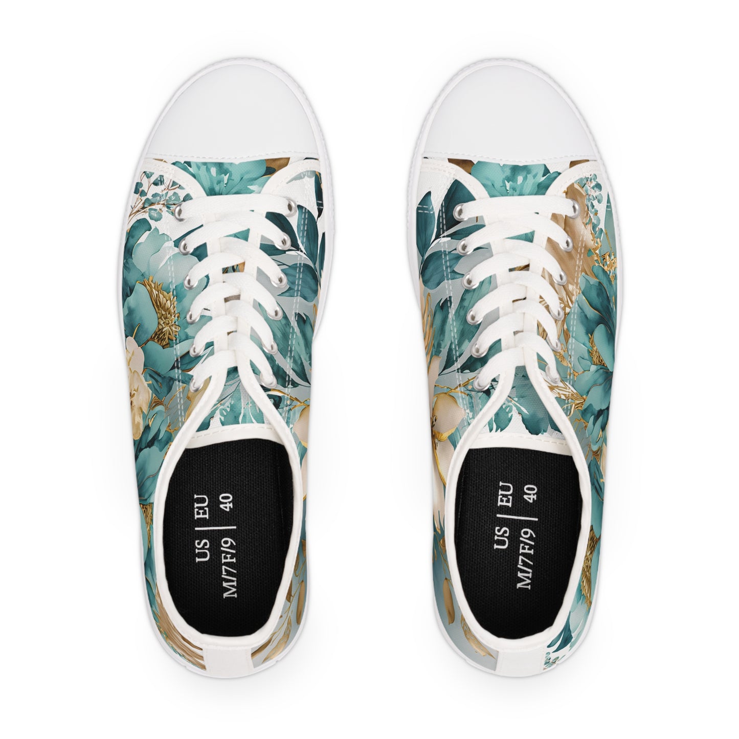 Women's Low Top Sneakers, Turquoise, Gold, Multi-color flowers