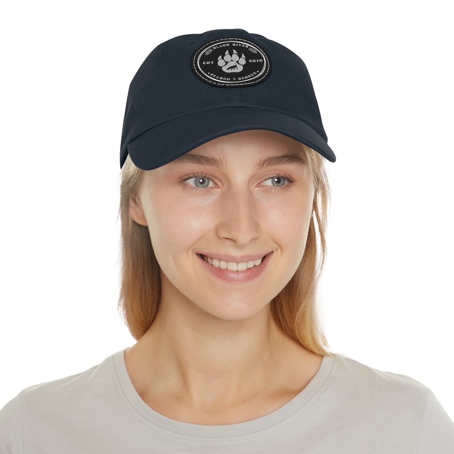 Unisex Hat with Leather Patch (Round), Black River Search & Rescue Logo, black & white patch