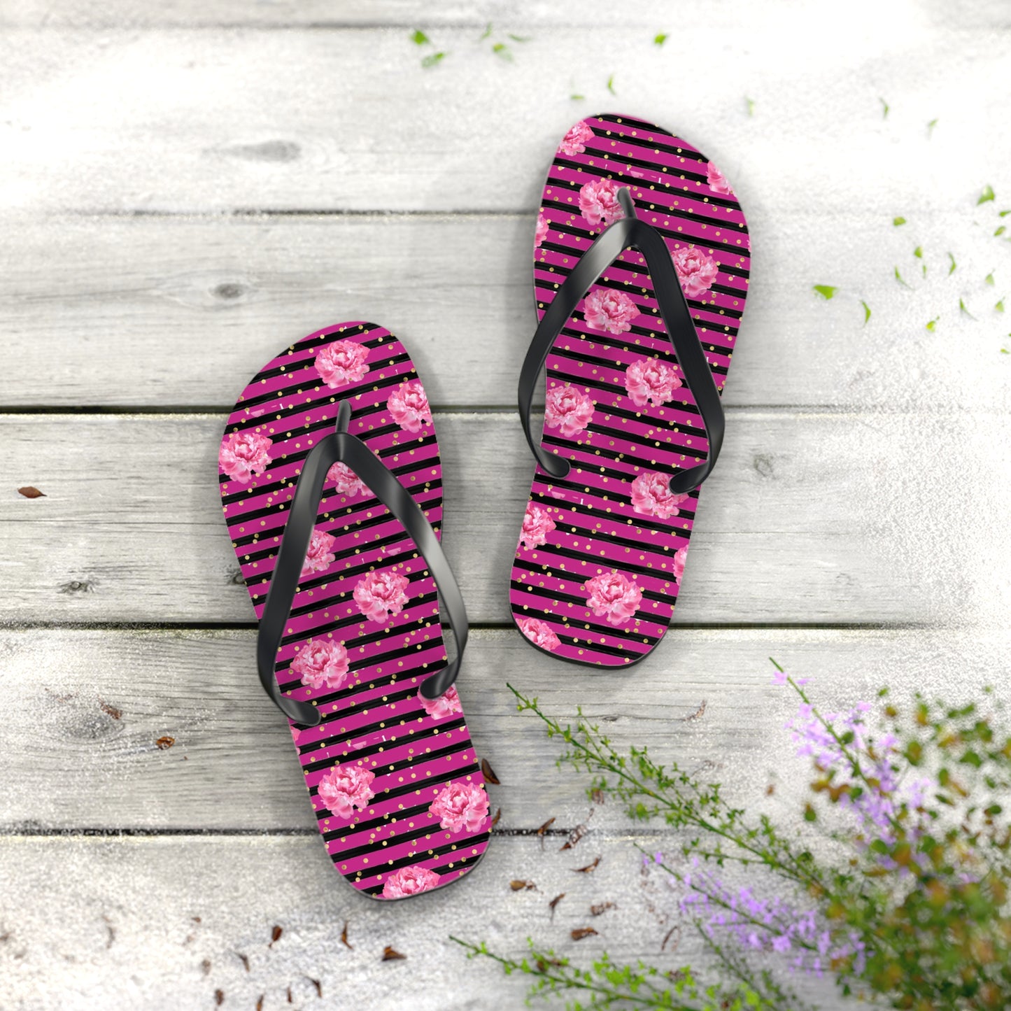 Bright Pink rose and black striped Flip Flops