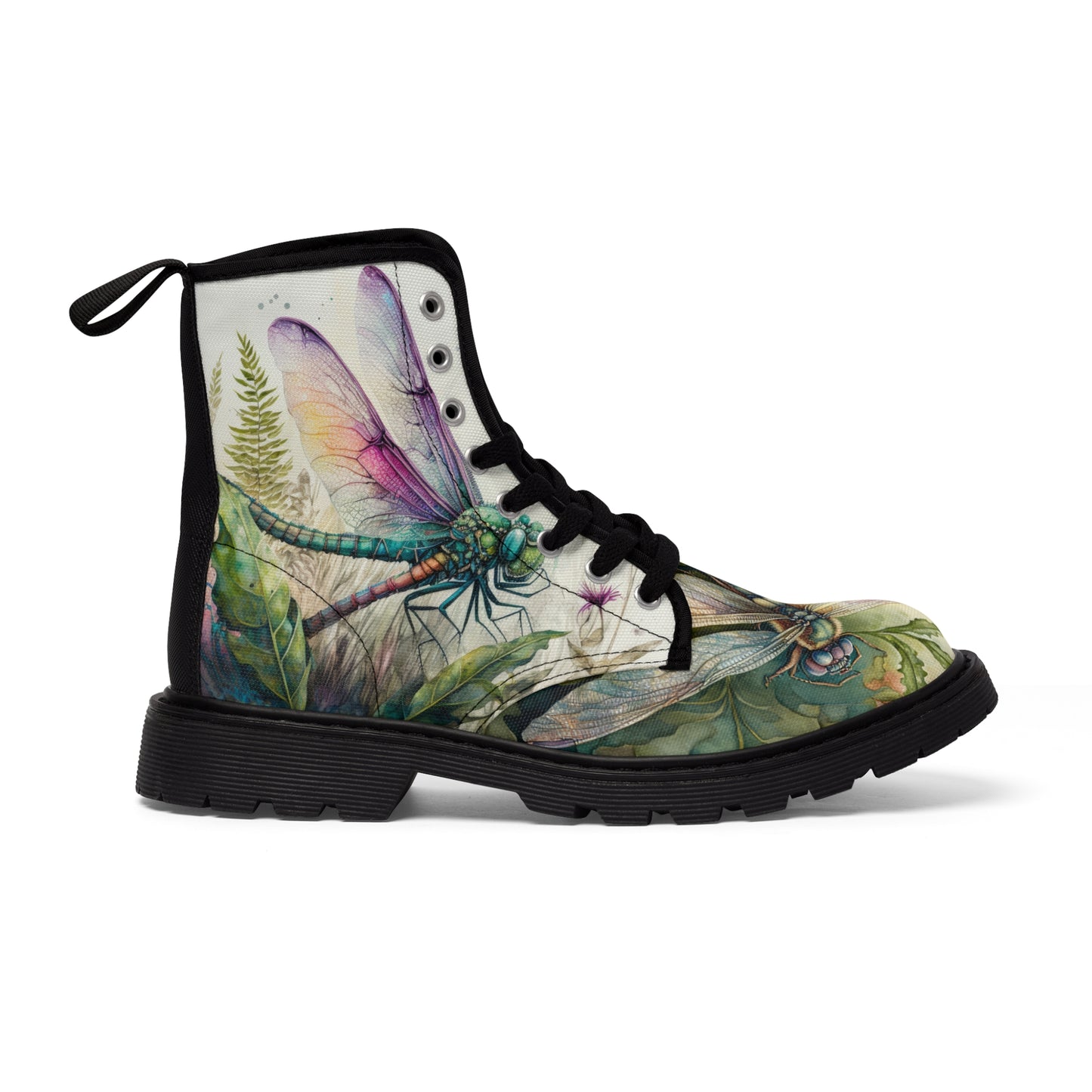 Women's Canvas Boots, Watercolor, Dragonflies, Green, Flowers