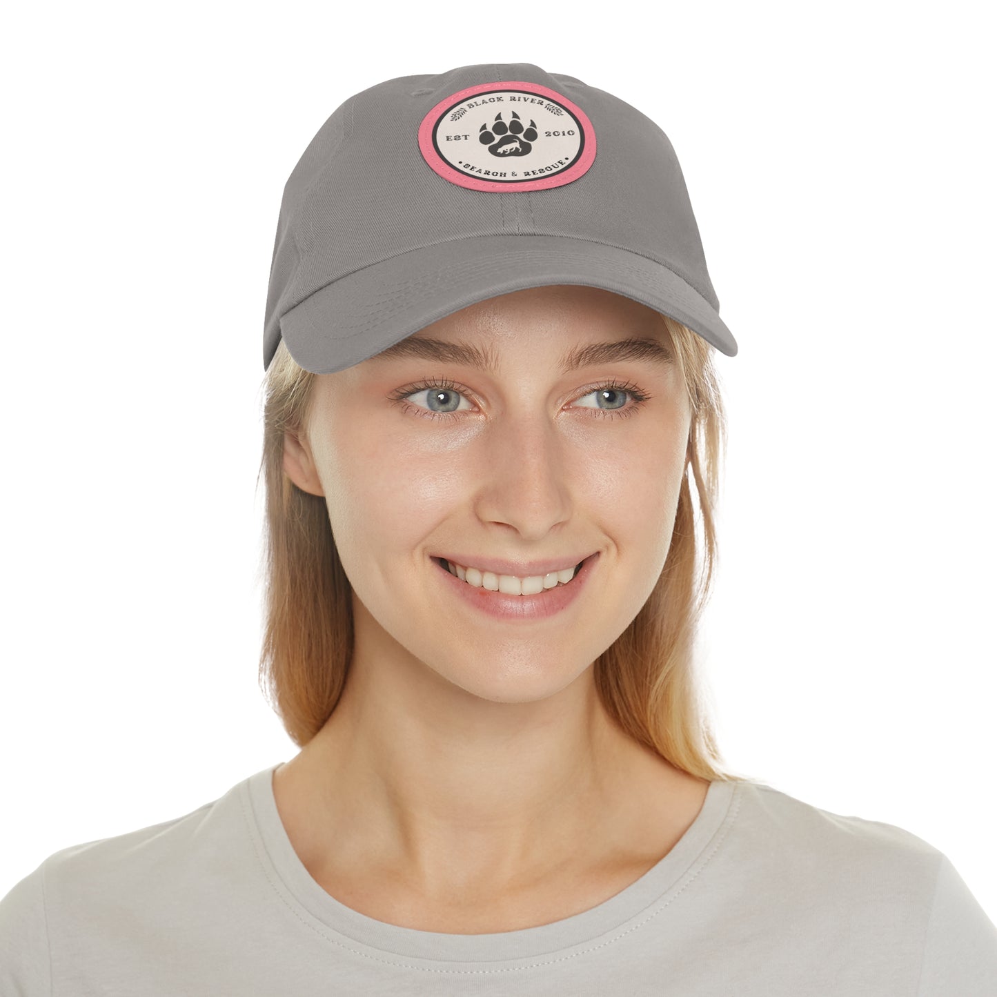 Unisex Hat with Leather Patch (Round), Black River Search & Rescue Logo, Beige patch