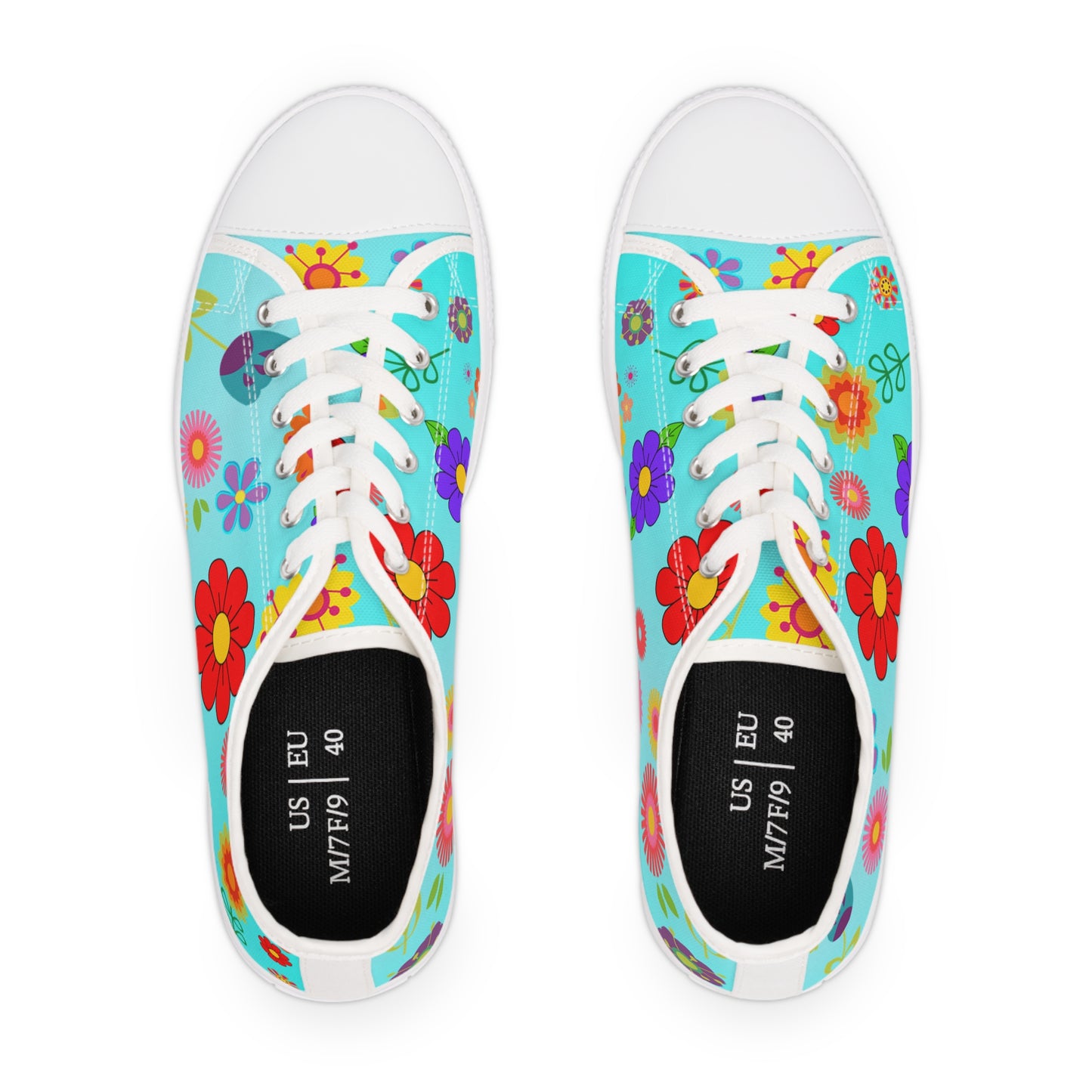 Women's Low Top Sneakers, Retro Flowers, Aqua, Multi-color flowers