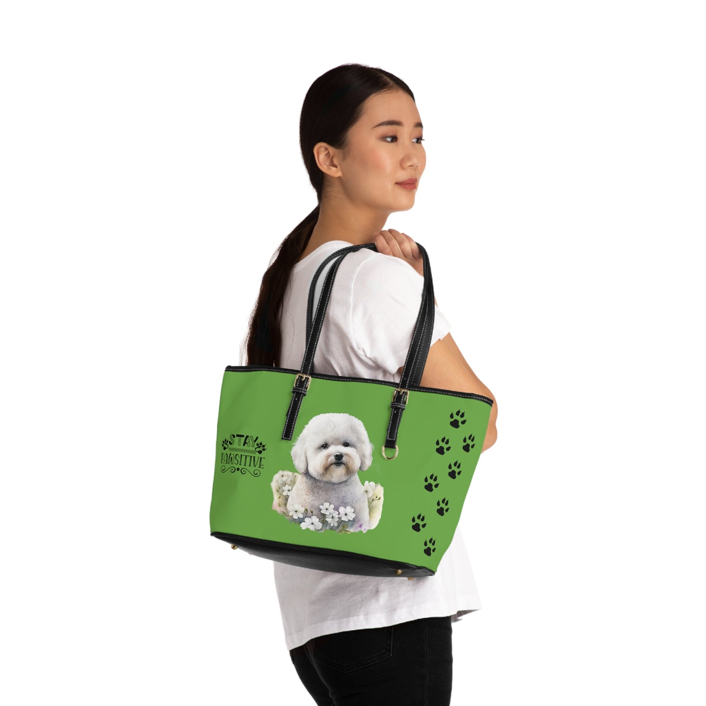 Bichon Frise Leather Shoulder Bag Lime Green two Bichon pictures You Had Me at Woof Stay Pawsitive