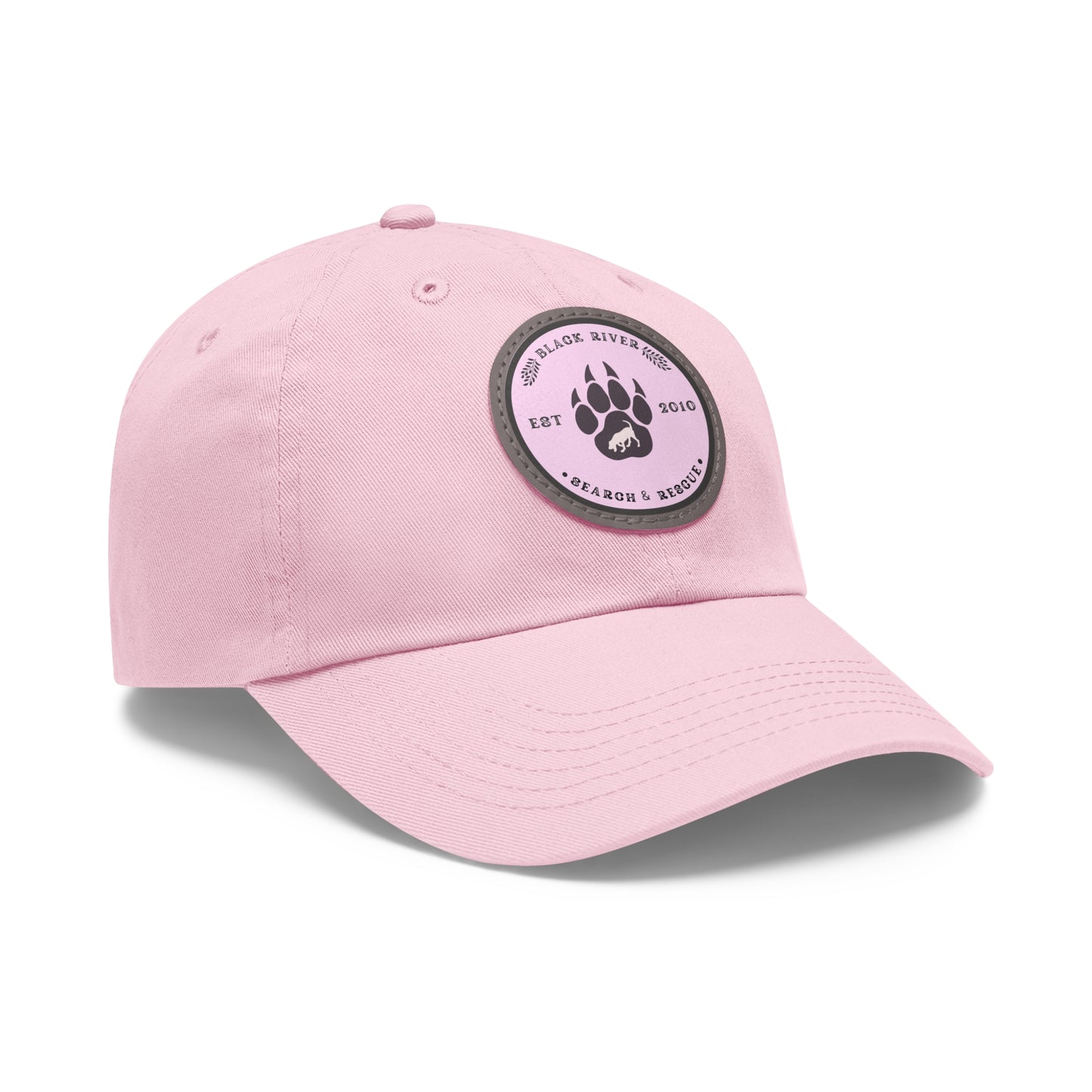 Copy of Unisex Hat with Leather Patch (Round), Black River Search & Rescue Logo, Pink patch