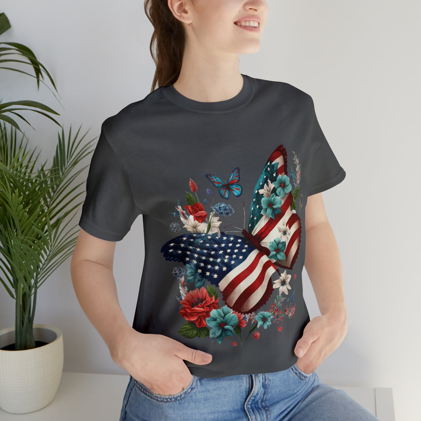 Unisex Jersey Short Sleeve Tee, American Flag, Butterfly, Patriotic