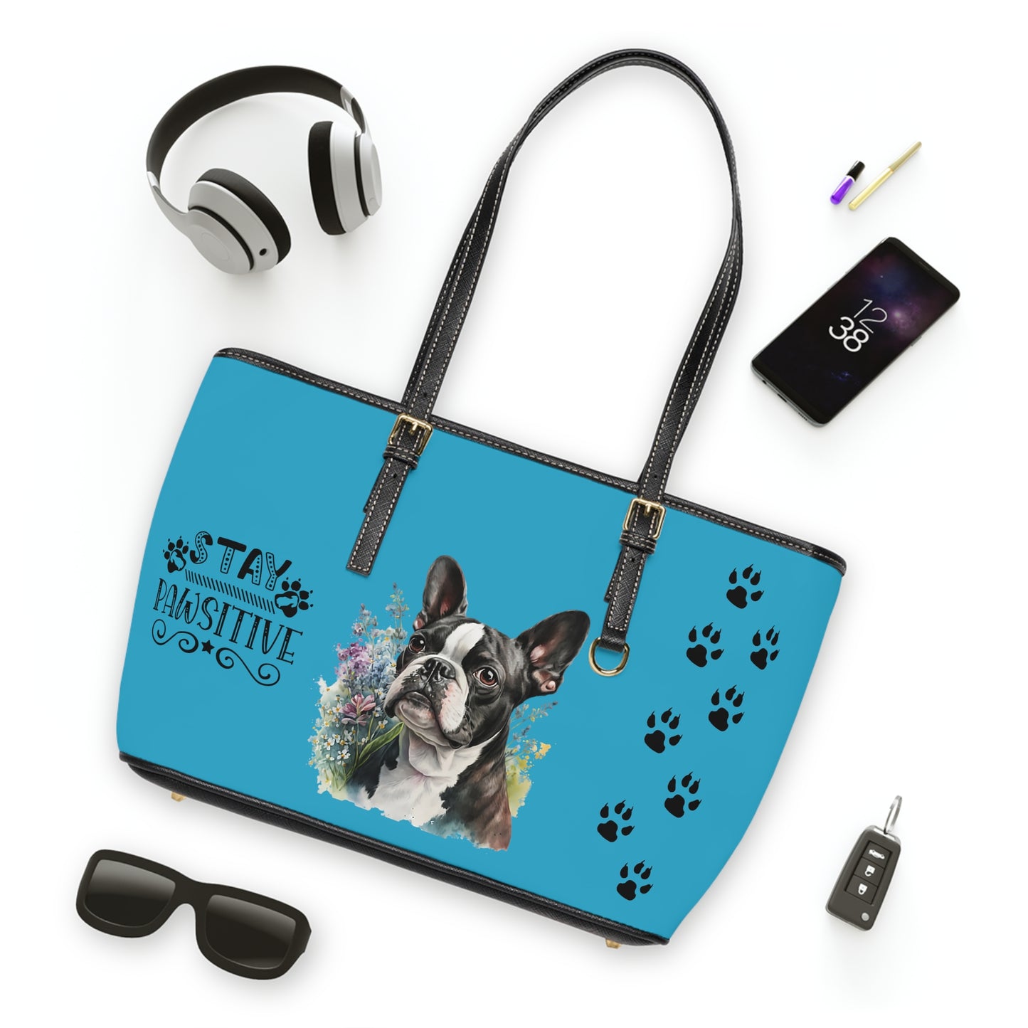 Boston Terrier Leather Shoulder Bag Turquoise Boston Puppy with glasses You had me at woof stay positive