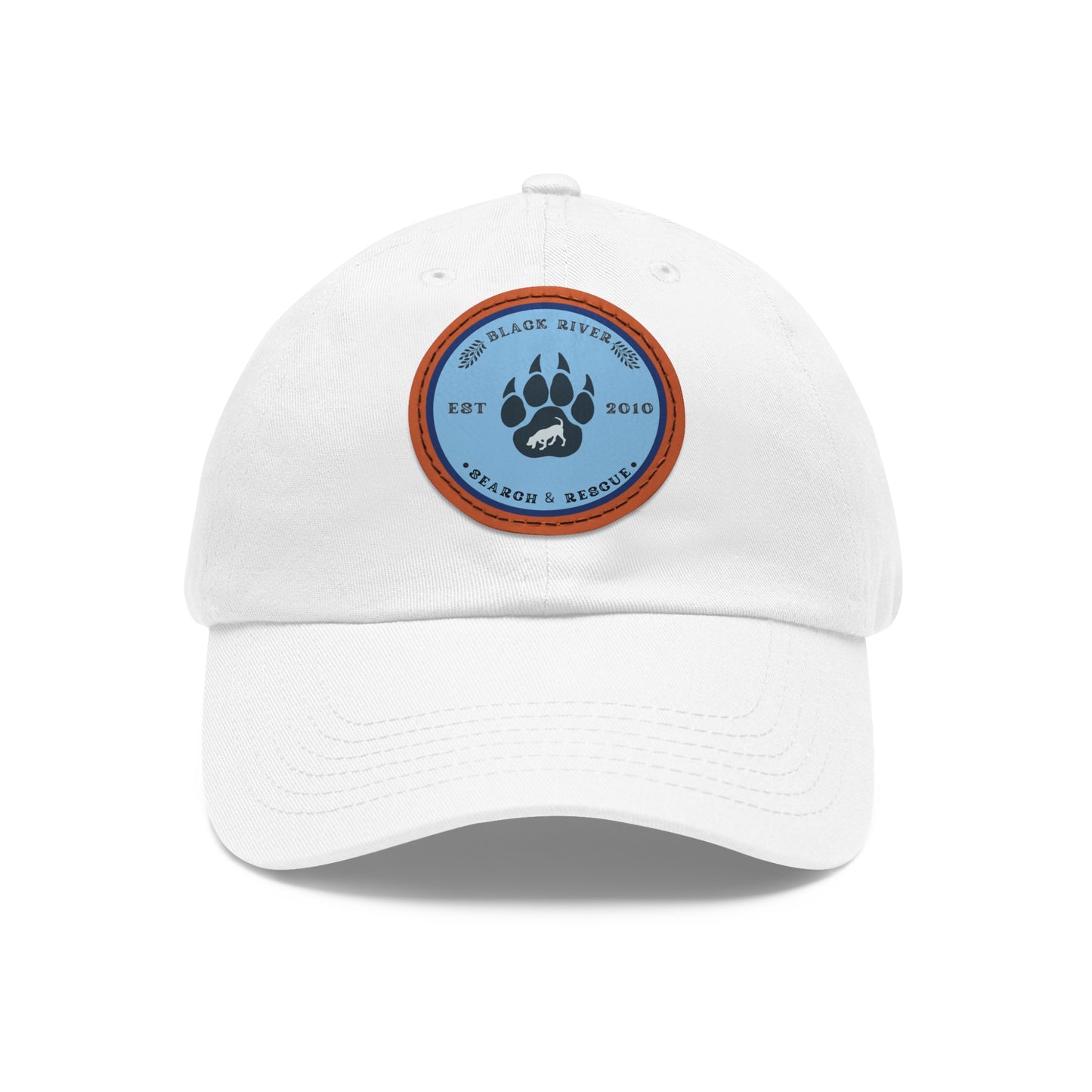 Unisex Hat with Leather Patch (Round), Black River Search & Rescue Logo, Blue patch