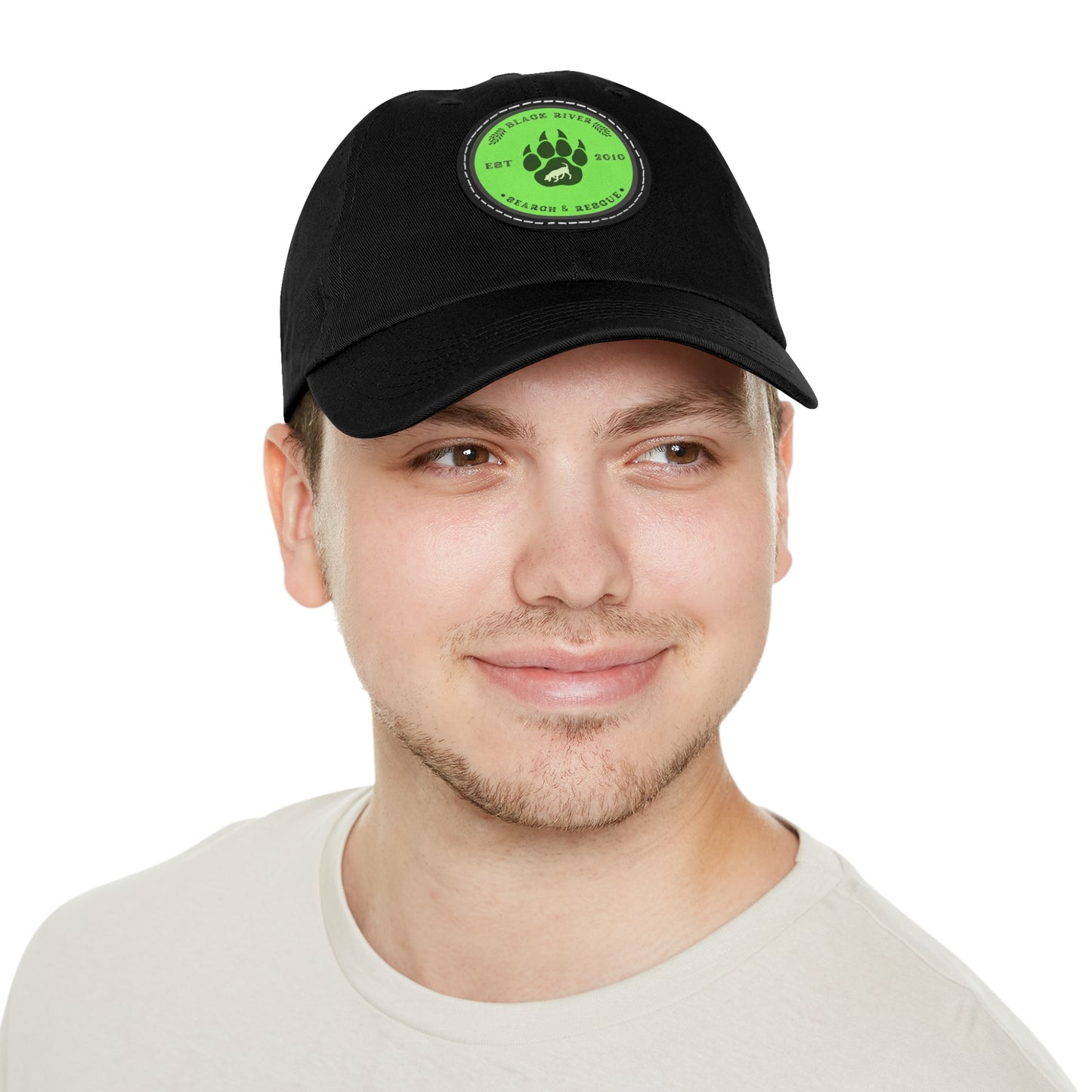 Unisex Hat with Leather Patch (Round), Black River Search & Rescue Logo, Lime Green patch