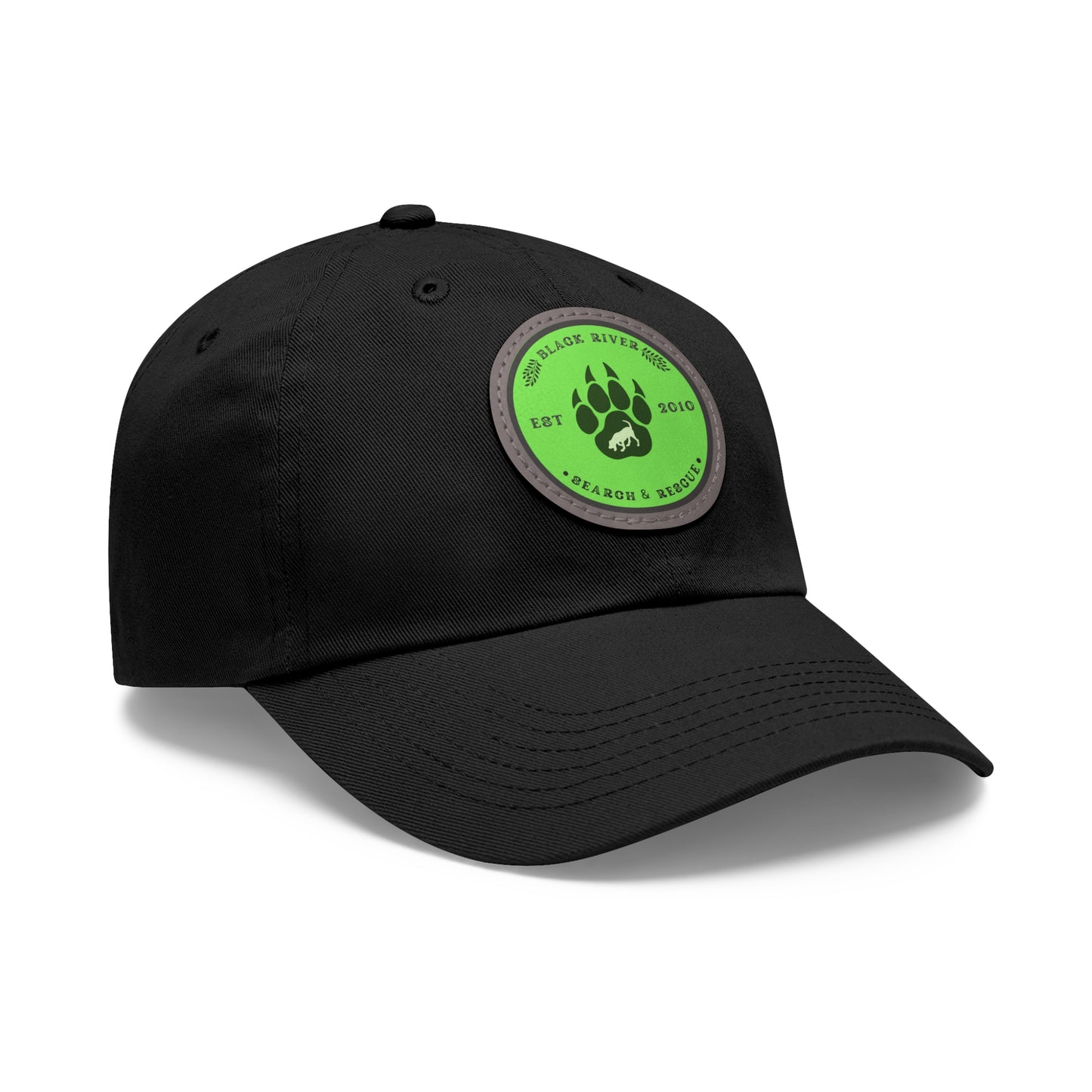 Unisex Hat with Leather Patch (Round), Black River Search & Rescue Logo, Lime Green patch