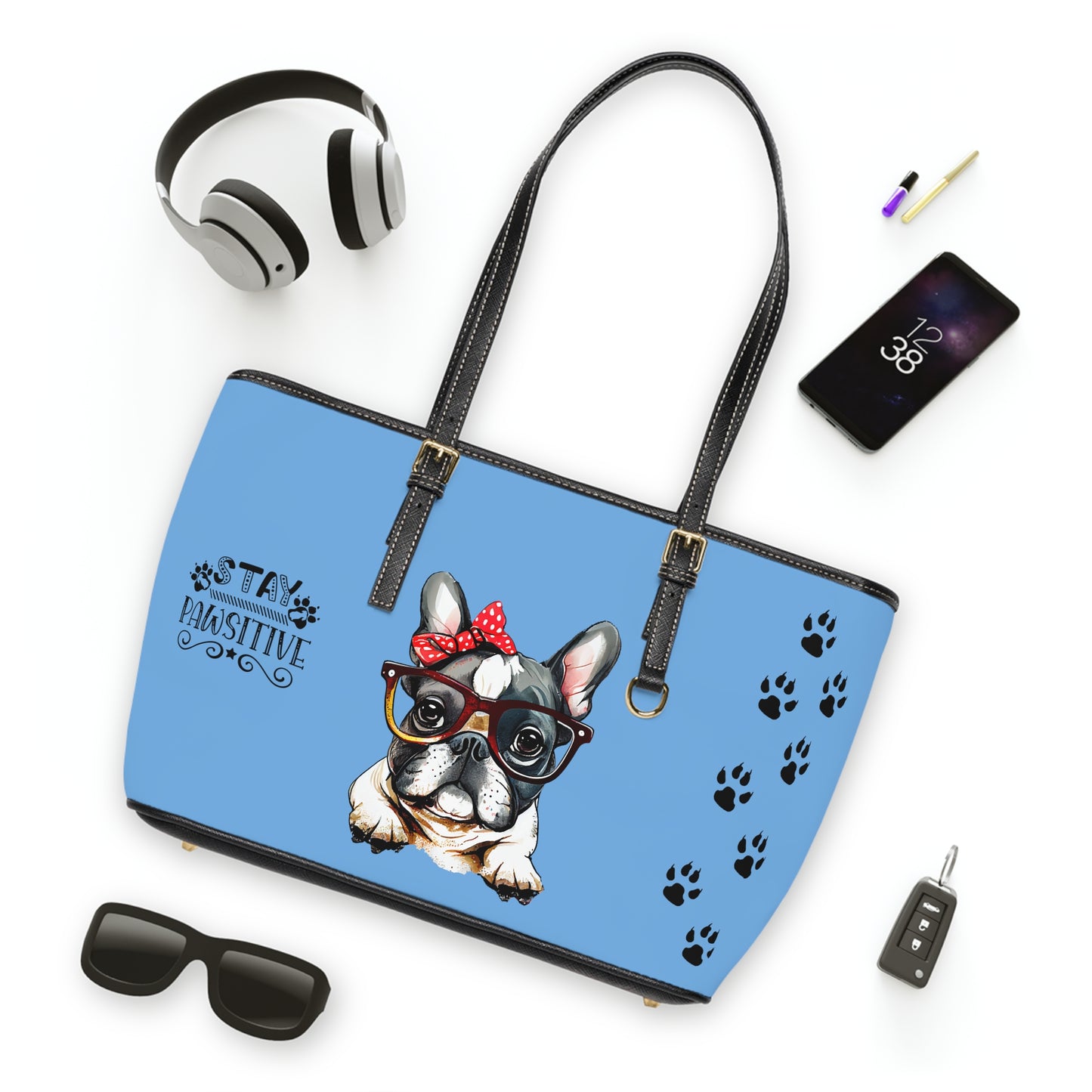 French Bulldog Leather Shoulder Bag light blue two Frenchie pictures You Had Me at Woof Stay Pawsitive