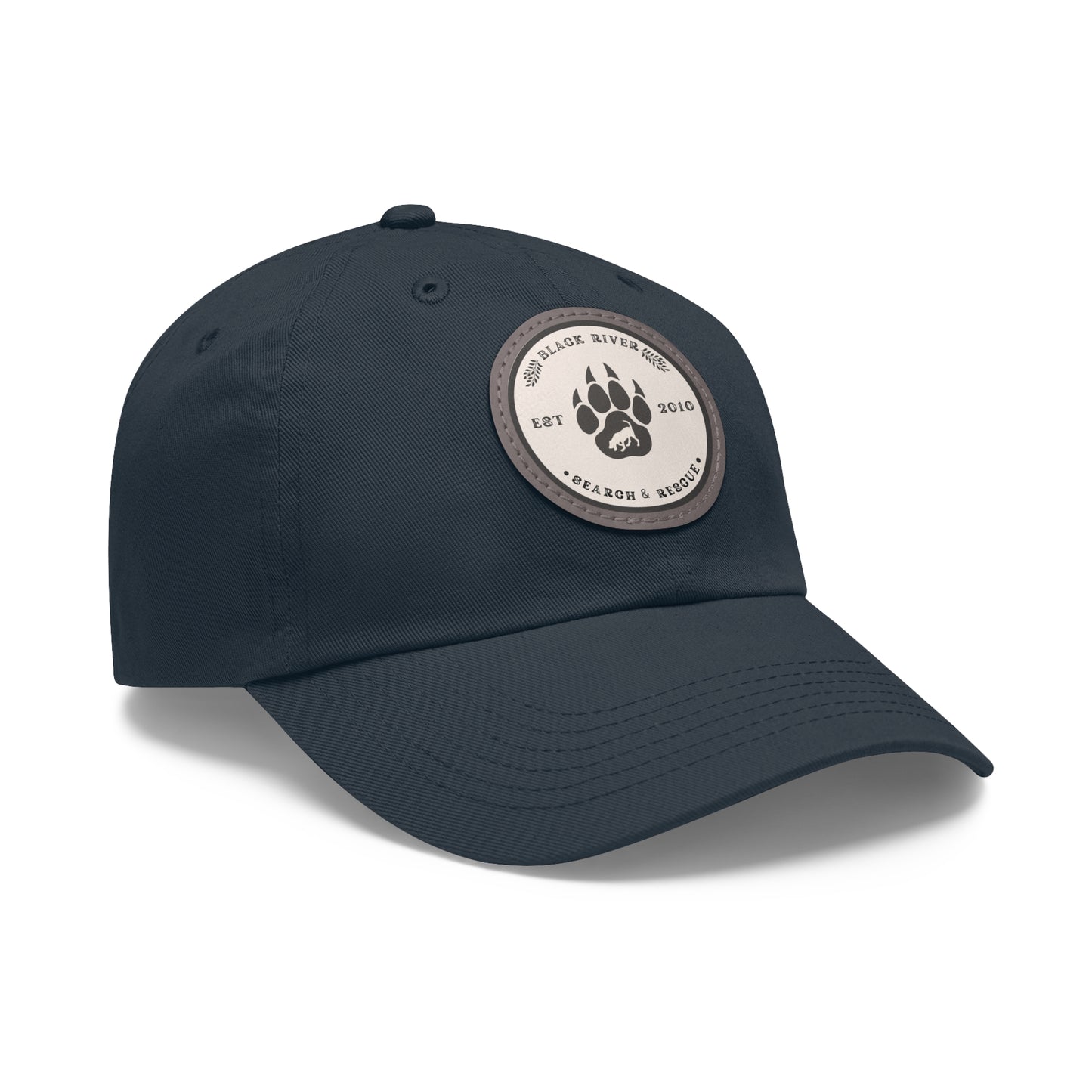 Unisex Hat with Leather Patch (Round), Black River Search & Rescue Logo, Beige patch