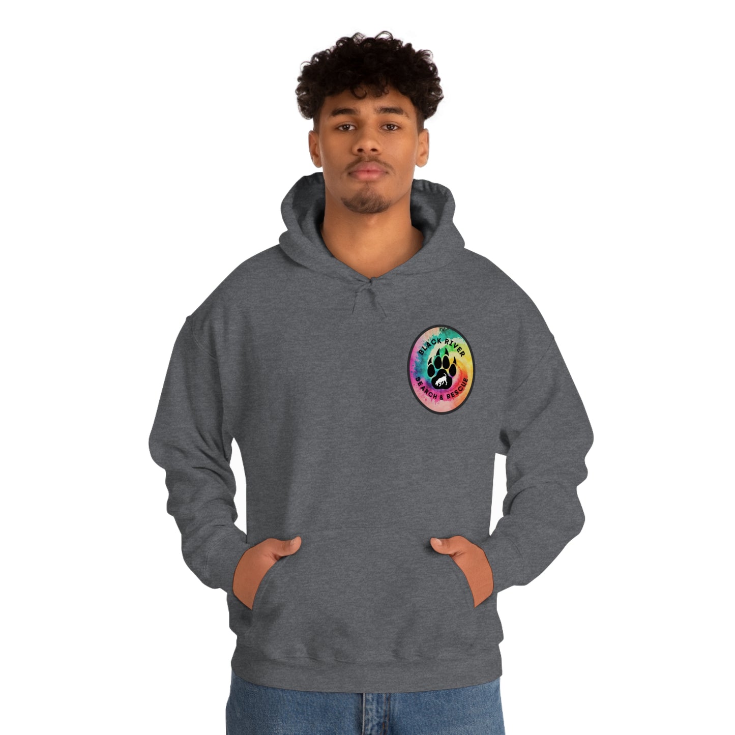 Tie Dye Black River Search & Rescue Logo with Lucy Unisex Heavy Blend™ Hooded Sweatshirt