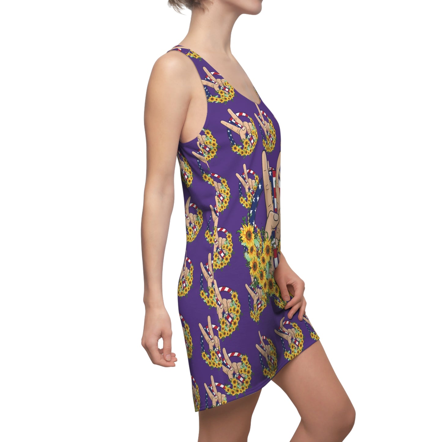 Purple 4th of July Large Peace Sign Sunflower Women's Cut & Sew Racerback Dress Patriotic Retro