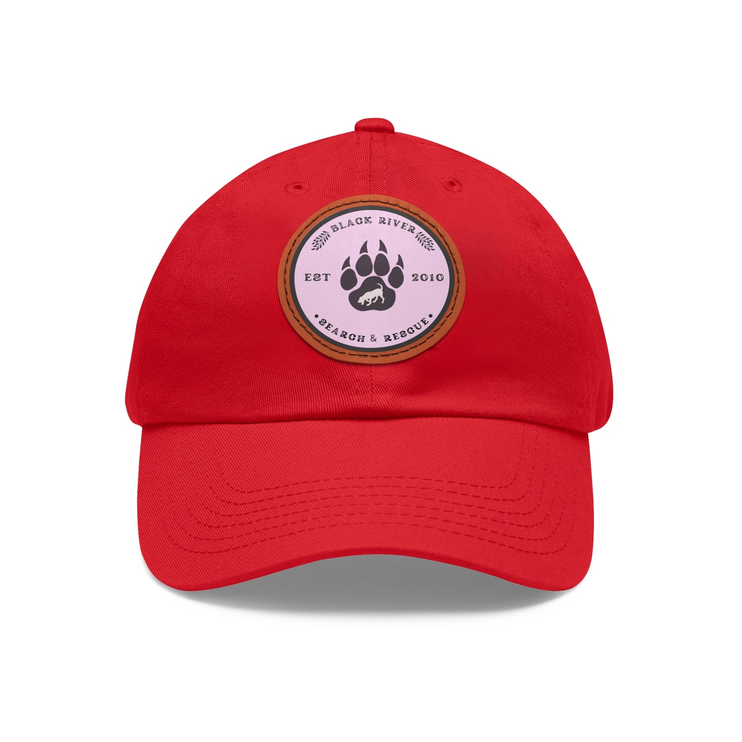 Copy of Unisex Hat with Leather Patch (Round), Black River Search & Rescue Logo, Pink patch