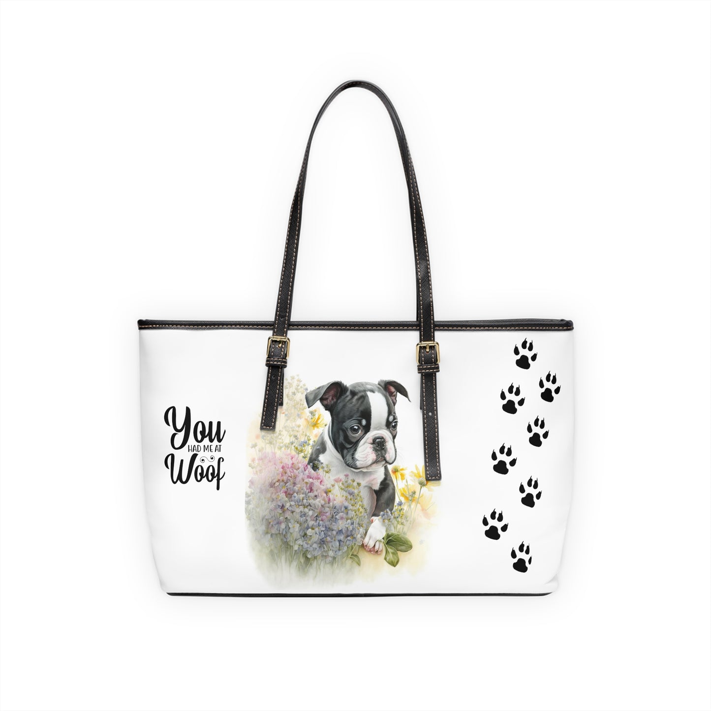 Boston Terrier Puppy Leather Shoulder Bag two Boston Terrier puppies You Had Me at Woof Stay Pawsitive