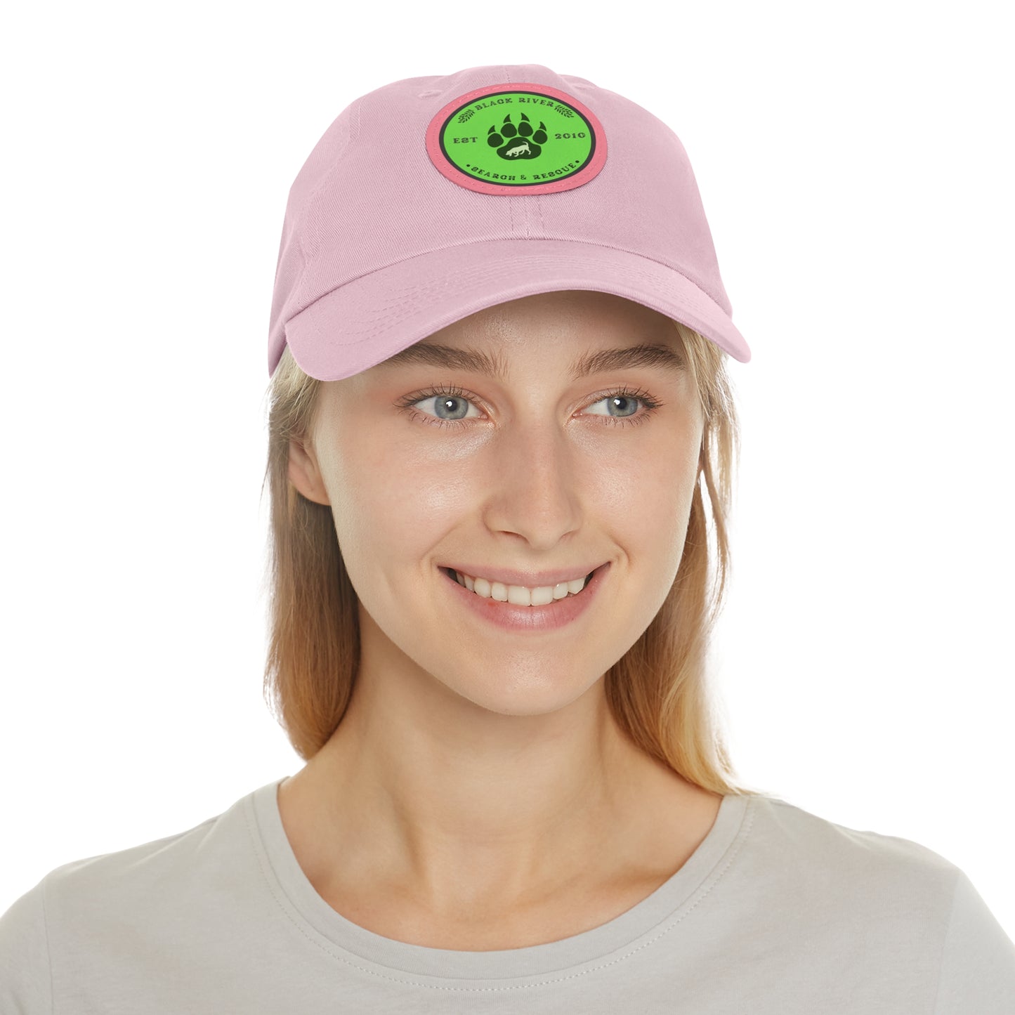 Unisex Hat with Leather Patch (Round), Black River Search & Rescue Logo, Lime Green patch