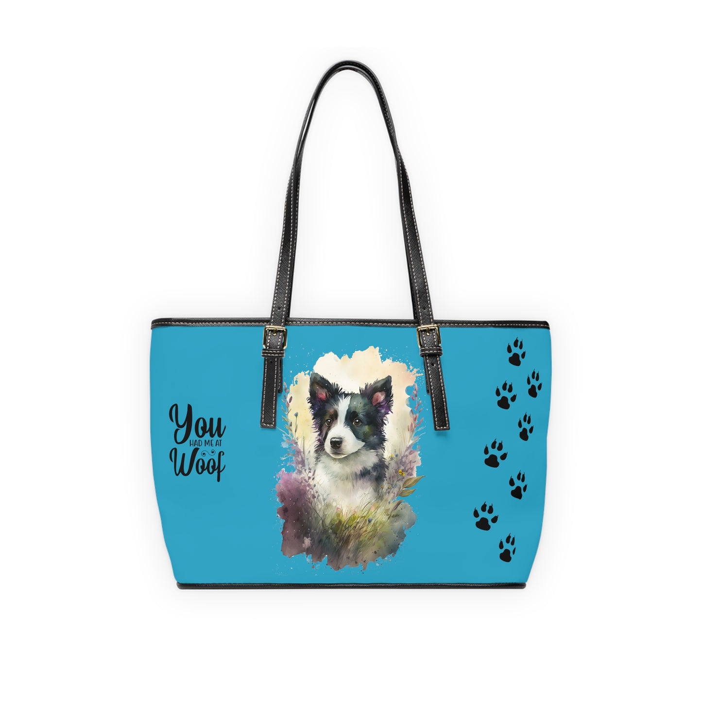 Turquoise Border Collie Leather Shoulder Bag You Had Me at Woof Stay Pawsitive