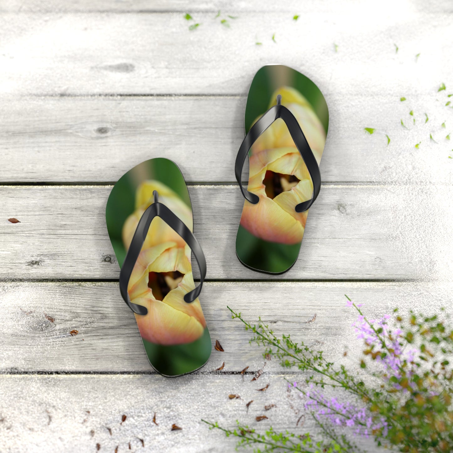 Flip Flops, tulips, peach, yellow, flowers