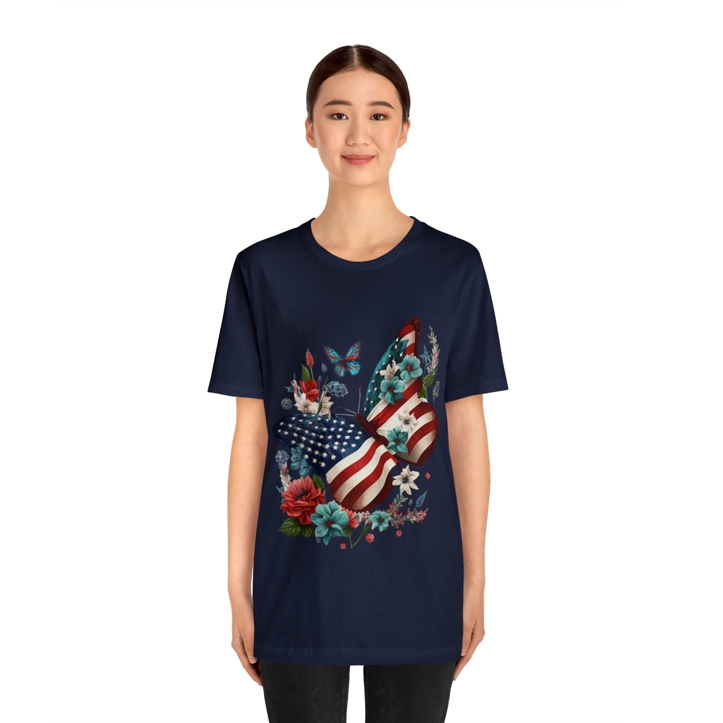 Unisex Jersey Short Sleeve Tee, American Flag, Butterfly, Patriotic