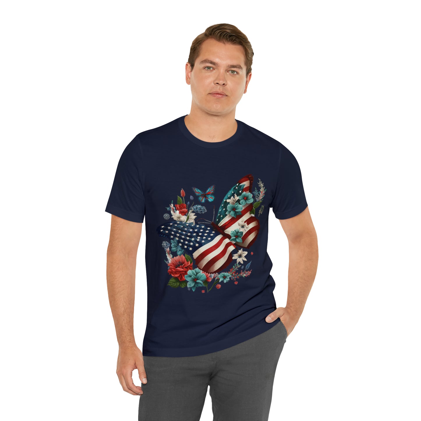 Unisex Jersey Short Sleeve Tee, American Flag, Butterfly, Patriotic