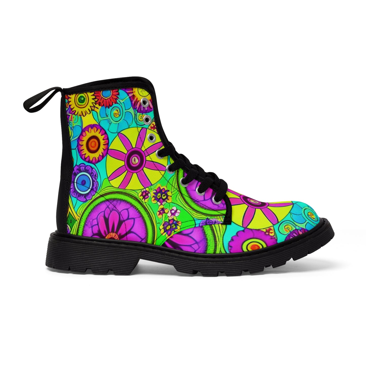 Women's Canvas Boots, Retro, Lime, Yellow, Purple, Flowers