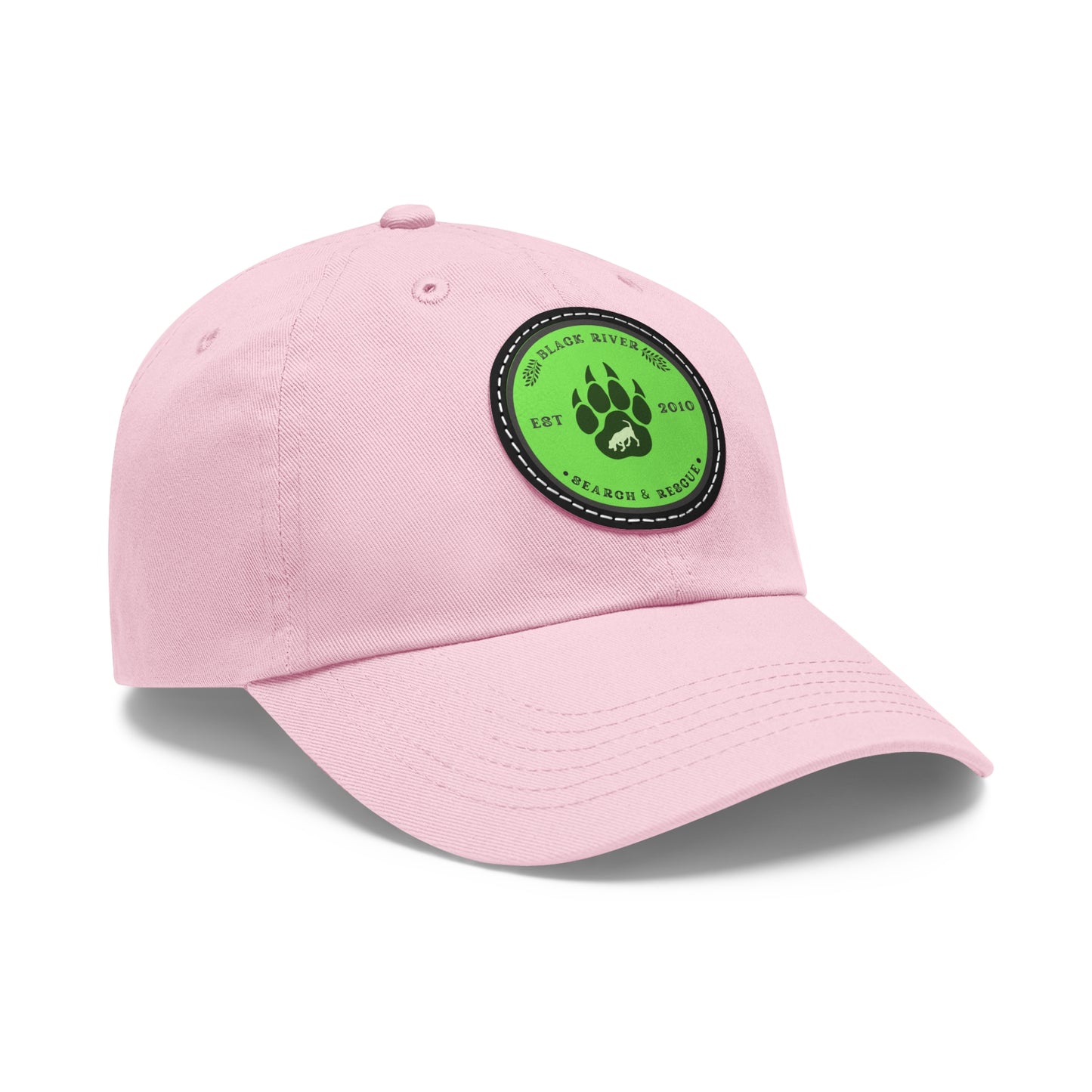 Unisex Hat with Leather Patch (Round), Black River Search & Rescue Logo, Lime Green patch