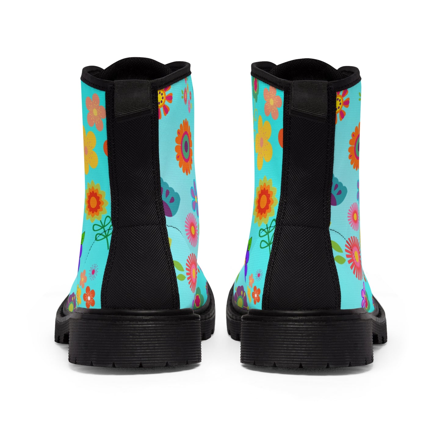 Women's Canvas Boots, Retro, Multi-color, Aqua, Flowers, Multi-Color, Blue