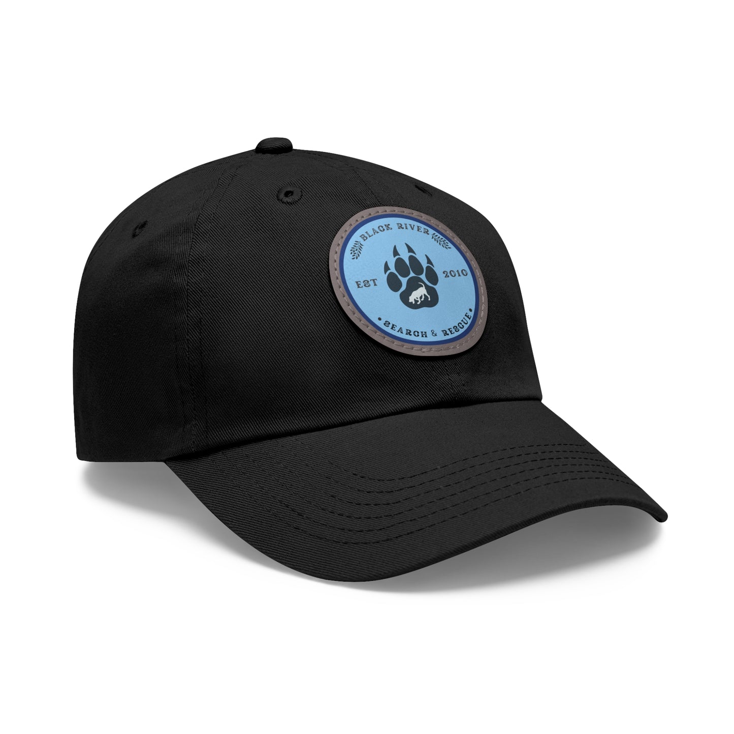 Unisex Hat with Leather Patch (Round), Black River Search & Rescue Logo, Blue patch