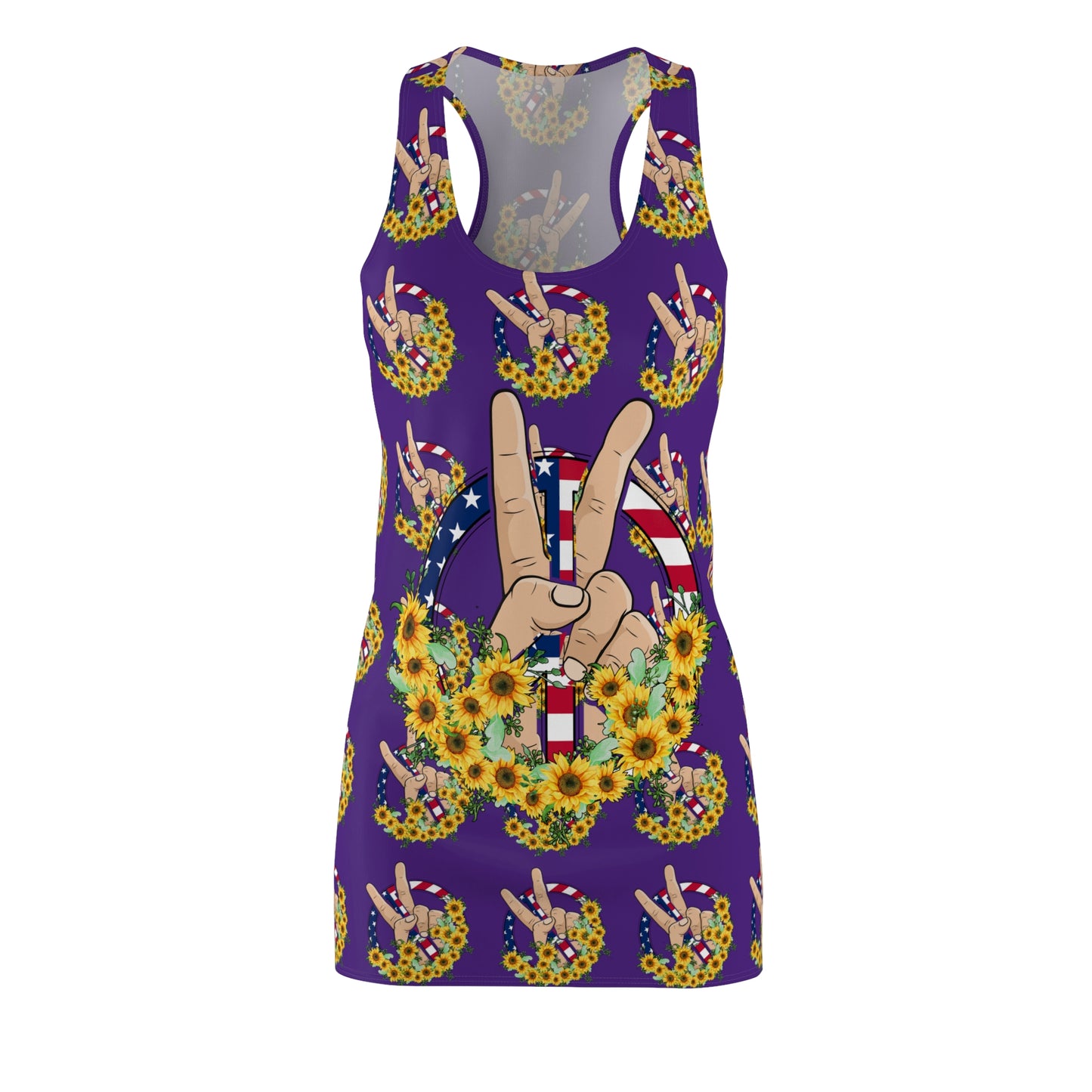 Purple 4th of July Large Peace Sign Sunflower Women's Cut & Sew Racerback Dress Patriotic Retro