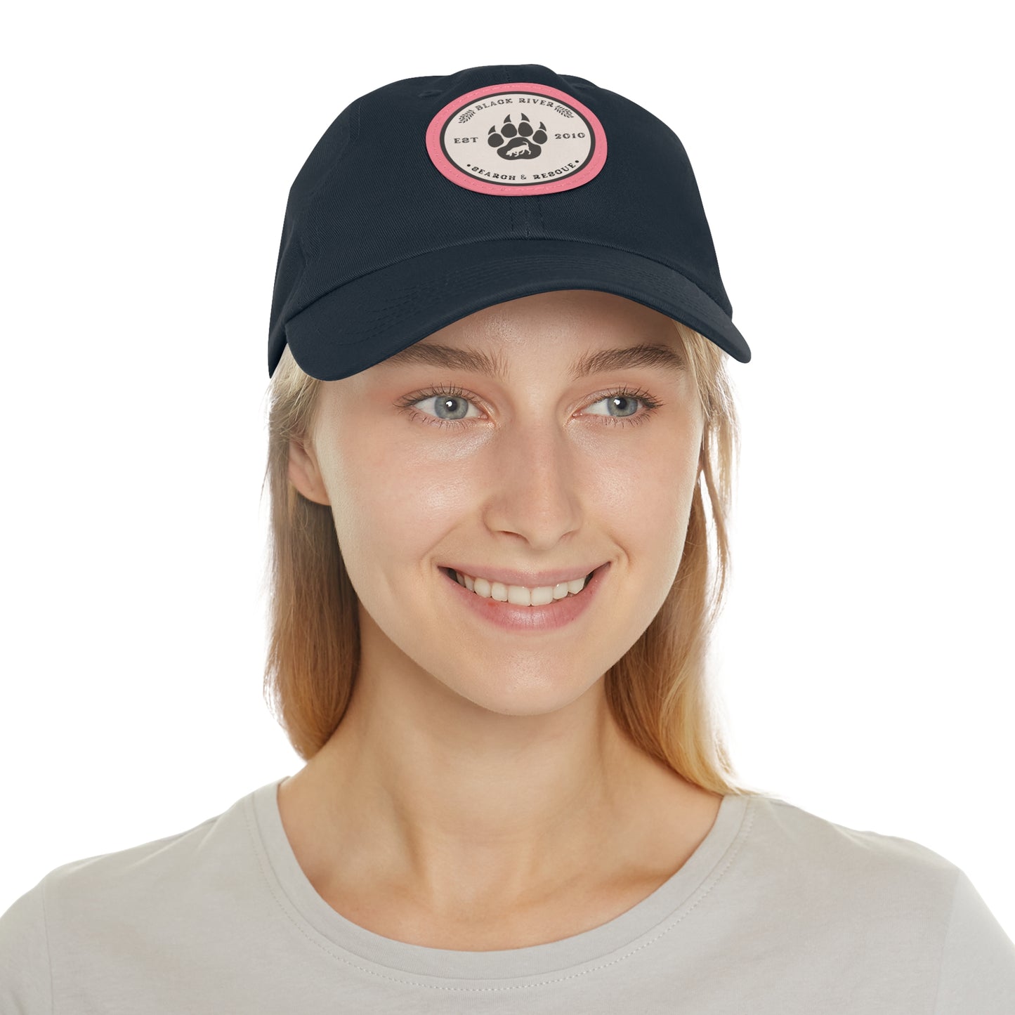 Unisex Hat with Leather Patch (Round), Black River Search & Rescue Logo, Beige patch