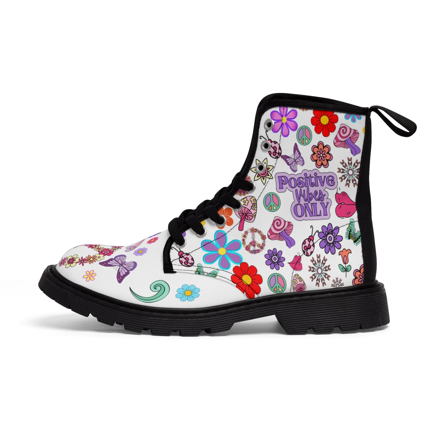 Women's Canvas Boots, Inspire, Stay Positive, 60's, Peace Signs, Flowers, Multi-Color