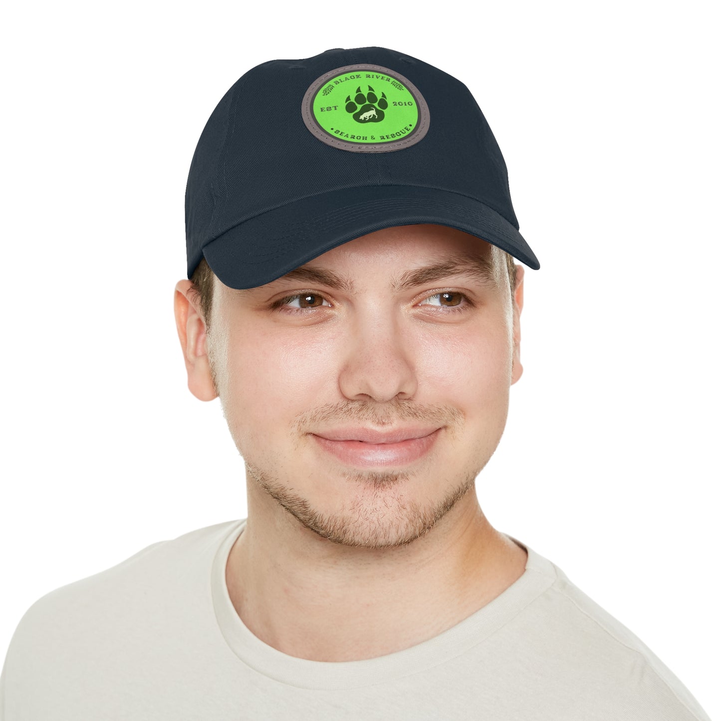 Unisex Hat with Leather Patch (Round), Black River Search & Rescue Logo, Lime Green patch