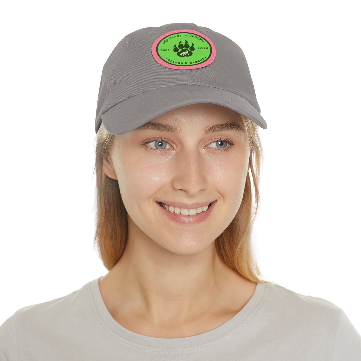 Unisex Hat with Leather Patch (Round), Black River Search & Rescue Logo, Lime Green patch