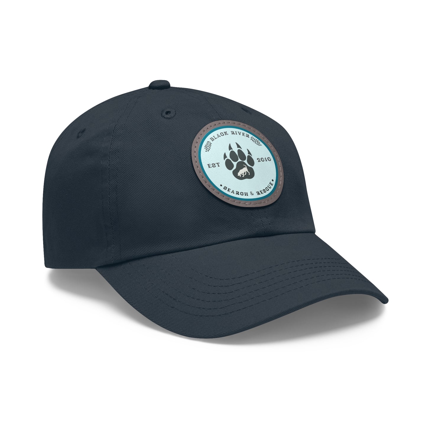 Unisex Hat with Leather Patch (Round), Black River Search & Rescue Logo, Turquoise patch