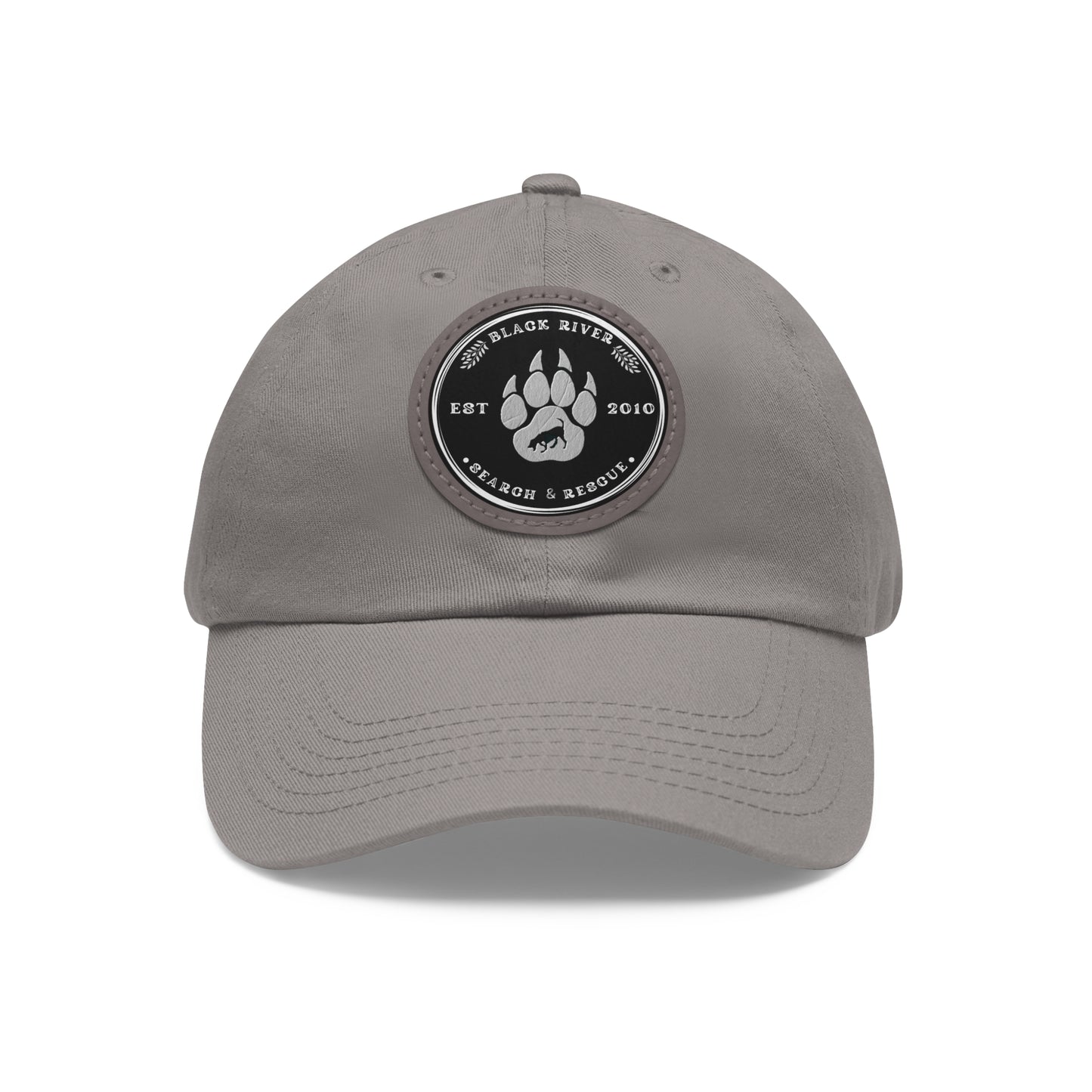 Unisex Hat with Leather Patch (Round), Black River Search & Rescue Logo, black & white patch