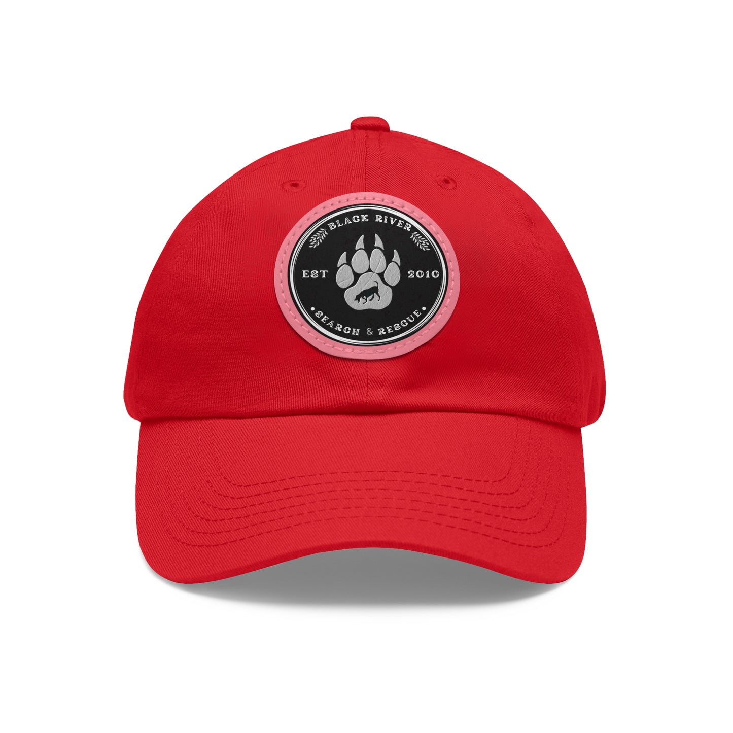 Unisex Hat with Leather Patch (Round), Black River Search & Rescue Logo, black & white patch